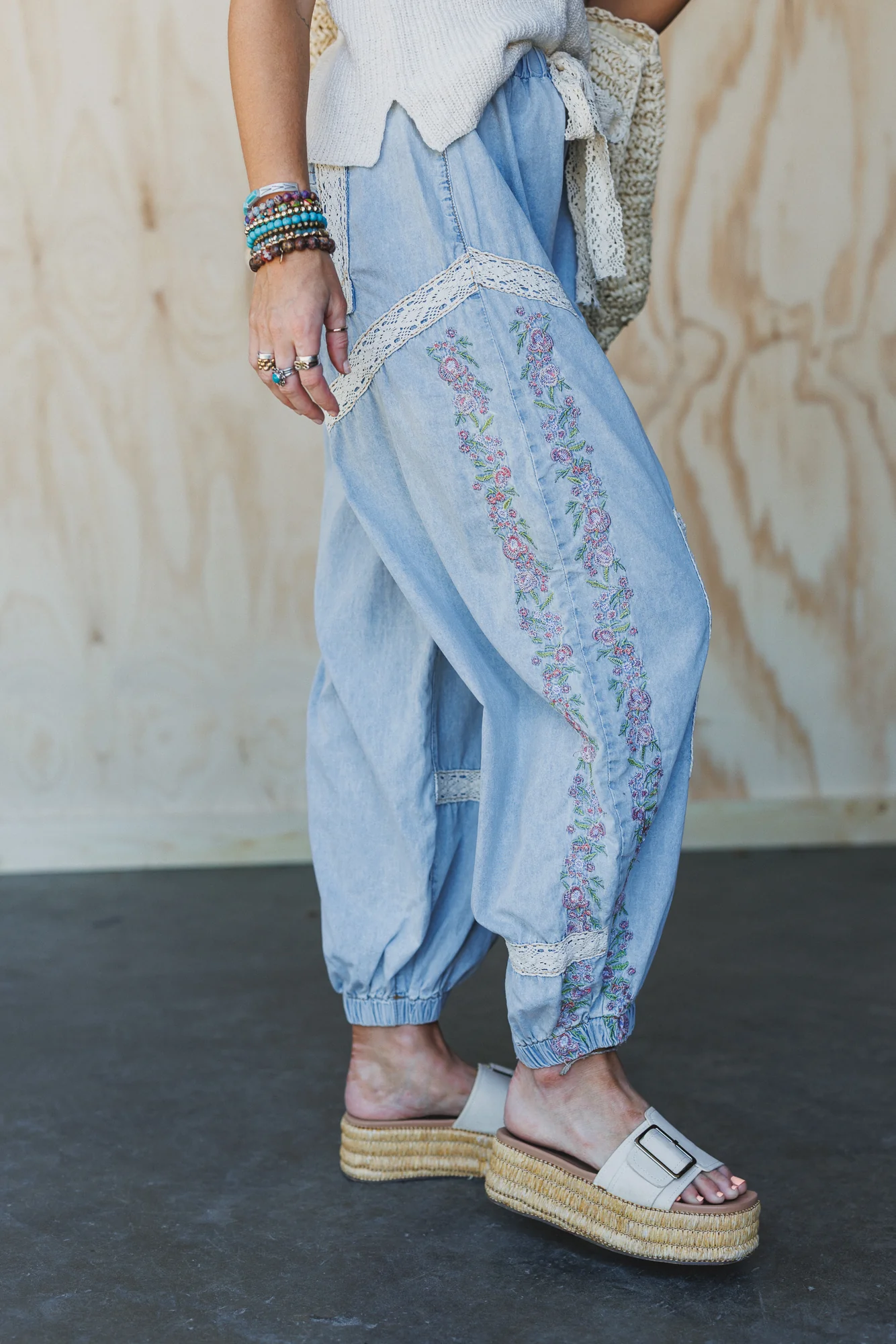 Floral Drift Embroidered Pants - Light Denim - Pre Order