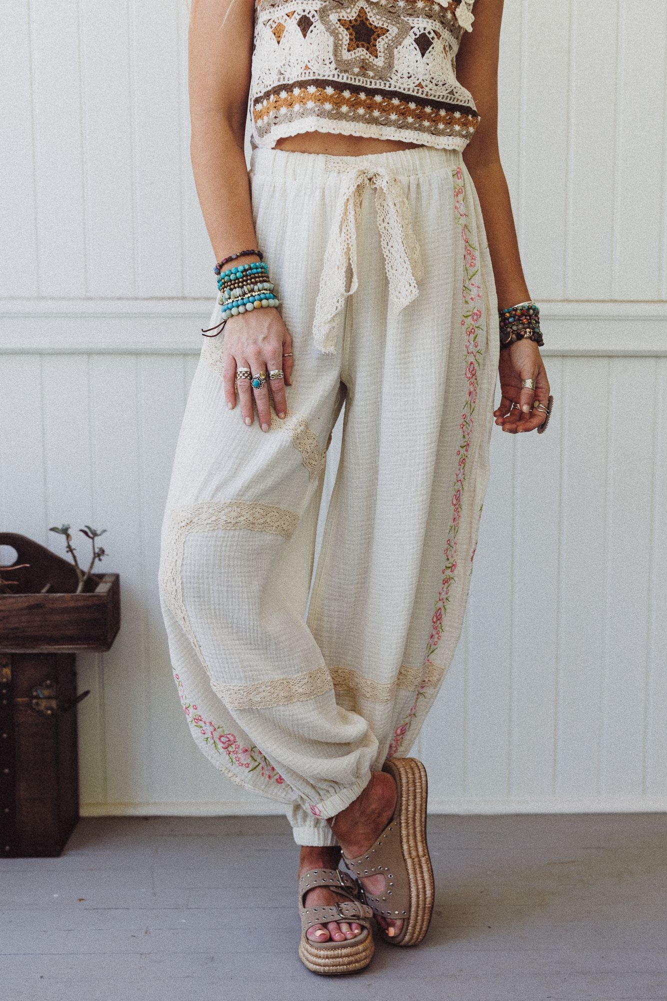 Floral Drift Embroidered Pants - Natural - Pre Order