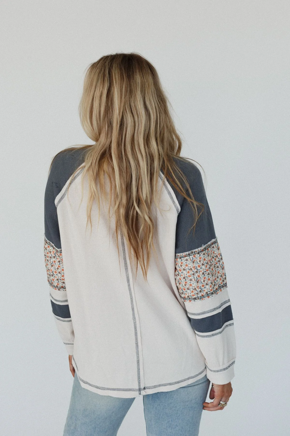 Floral Drizzle Patch Sleeve Top - Beige - Image 3