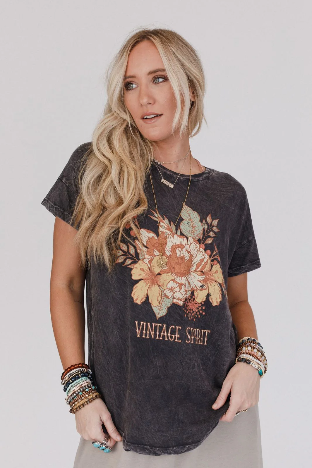 Floral Vintage Spirit Graphic Tee - Charcoal - Image 2