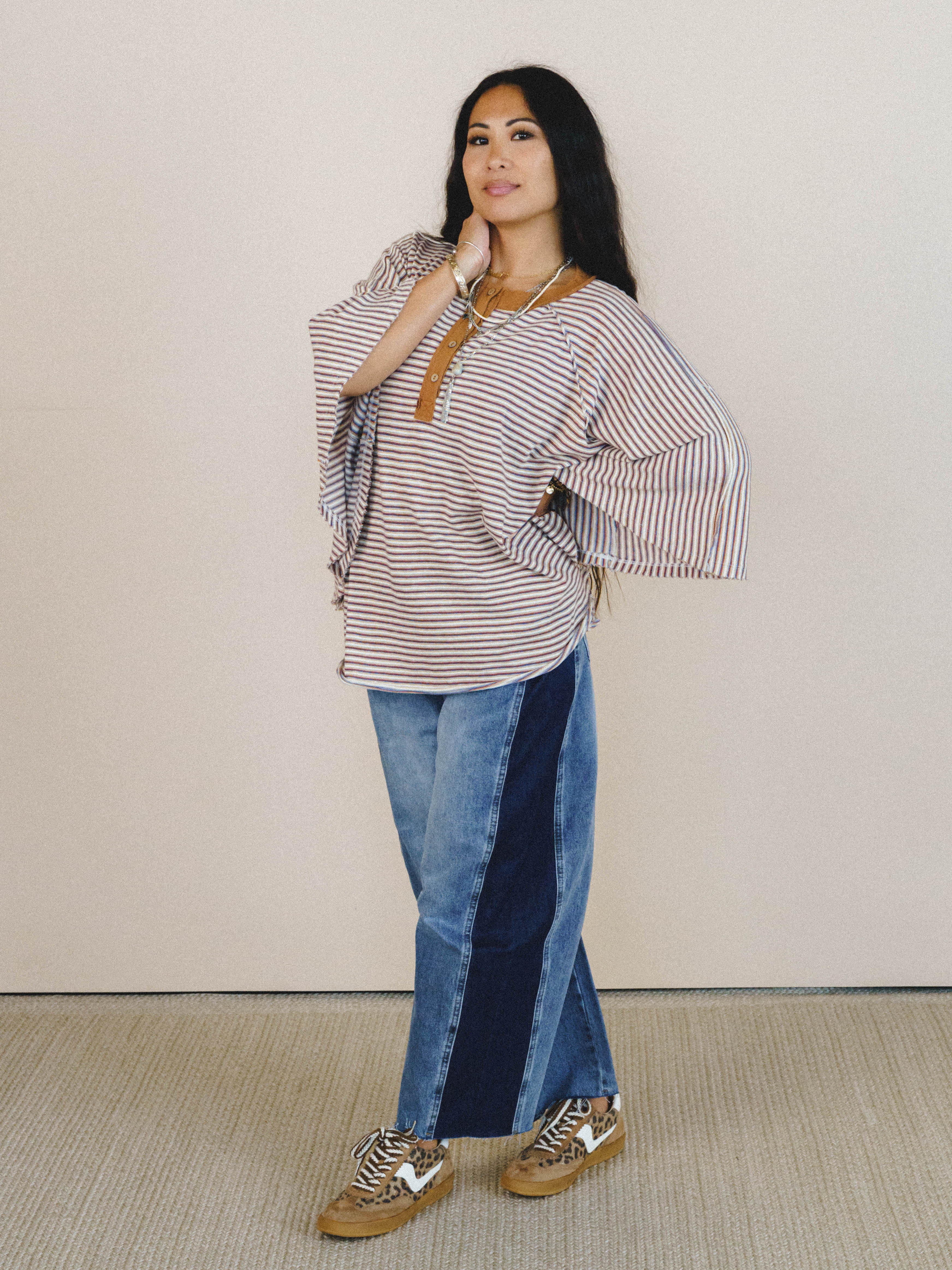Florence Striped Poncho - Oatmeal - Image 5