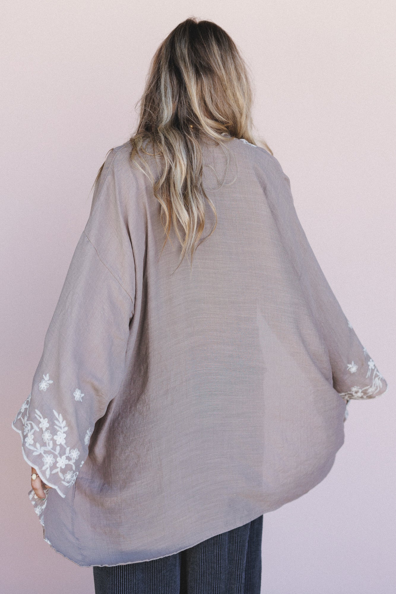 Flower Crowns Embroidered Kimono - Mocha - Image 3
