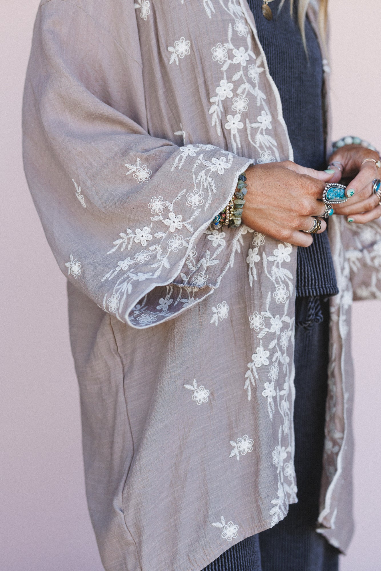 Flower Crowns Embroidered Kimono - Mocha - Image 2