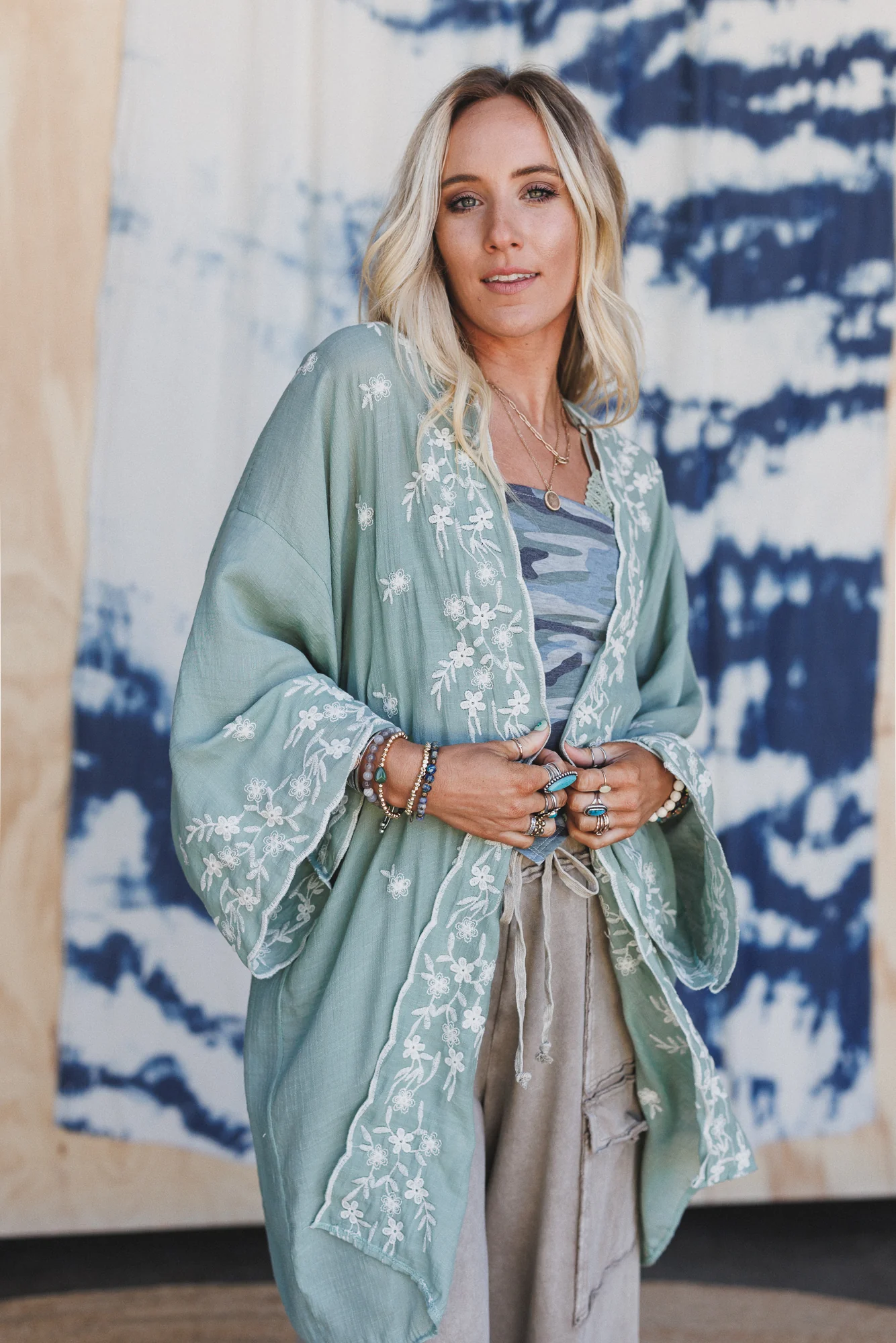 Flower Crowns Embroidered Kimono - Sage - Image 2
