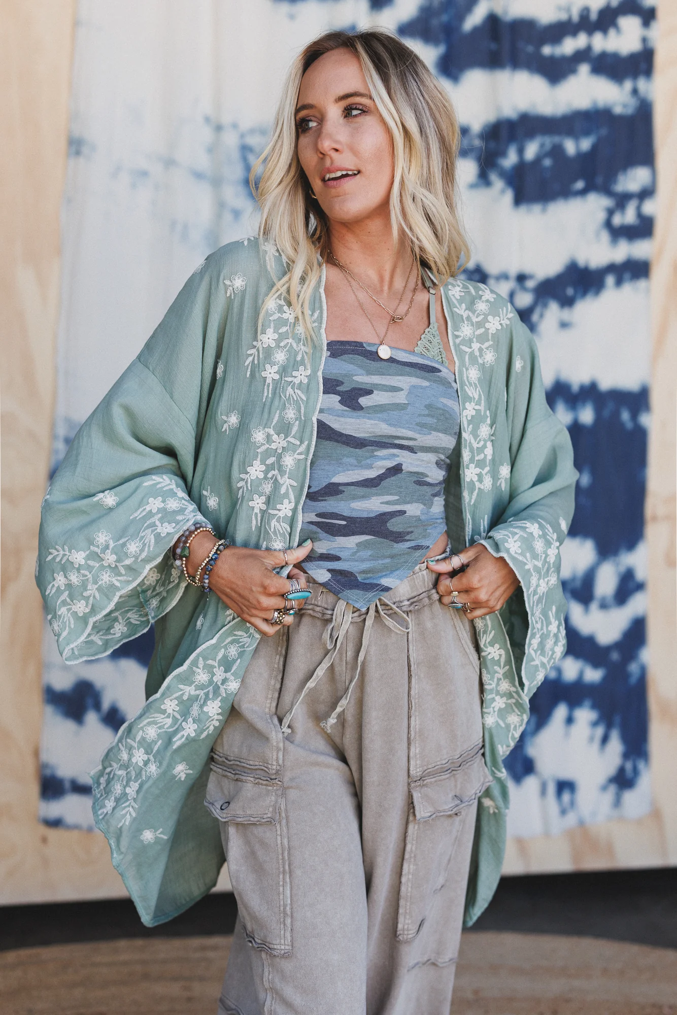 Flower Crowns Embroidered Kimono - Sage - Image 5