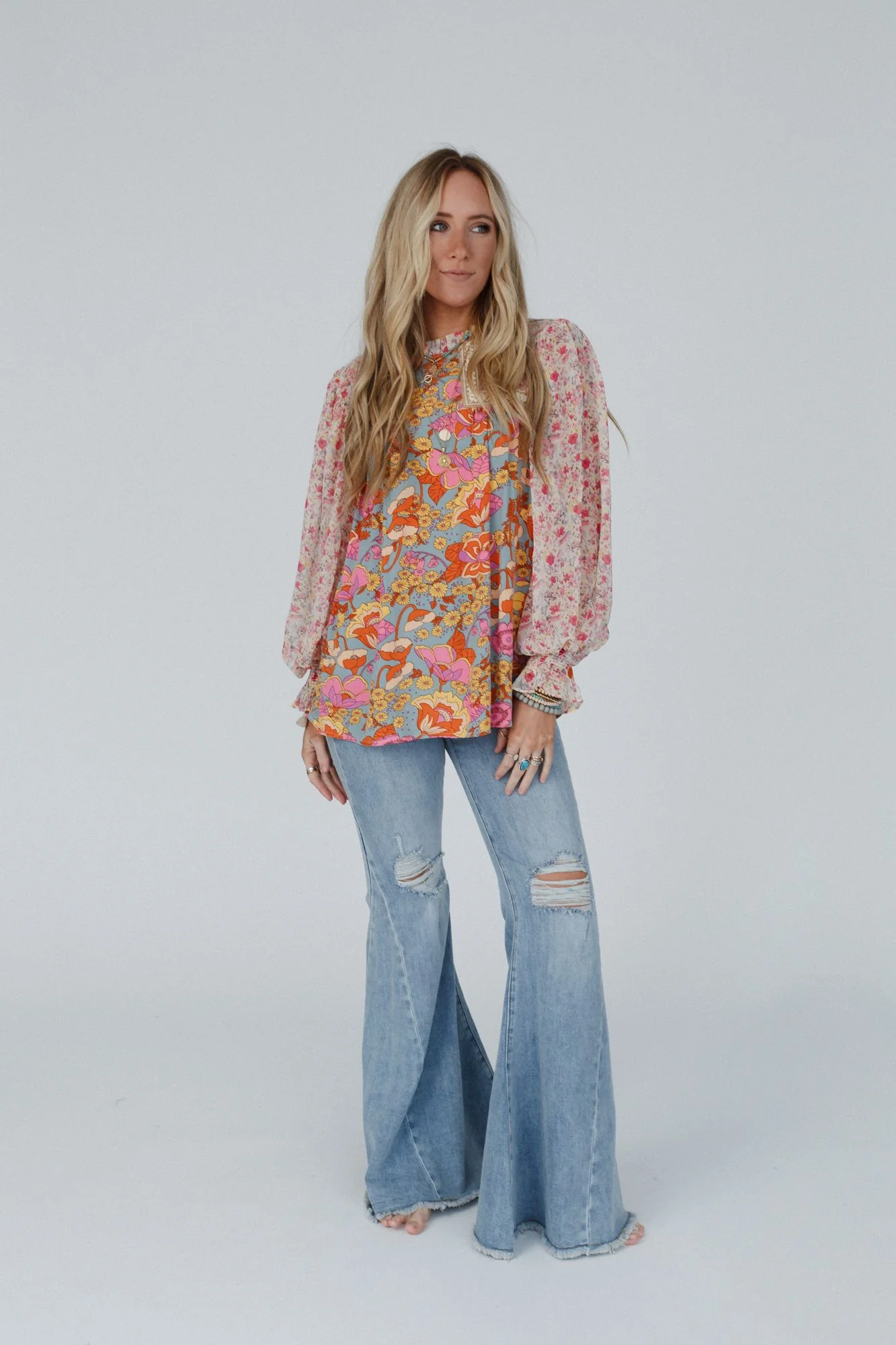 Flower Frenzy Bubble Sleeve Top - Sage Multi - Image 6