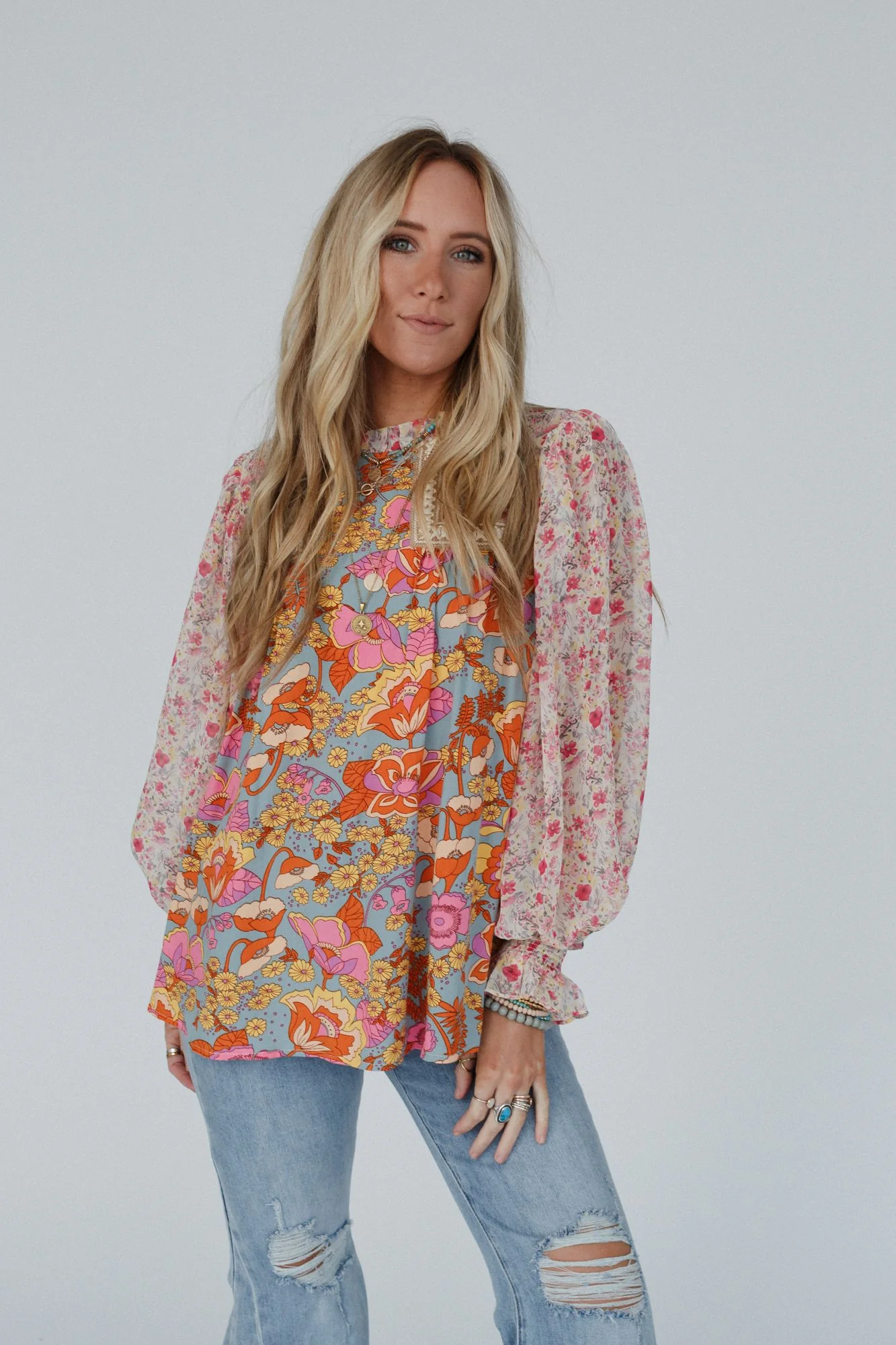 Flower Frenzy Bubble Sleeve Top - Sage Multi - Image 8