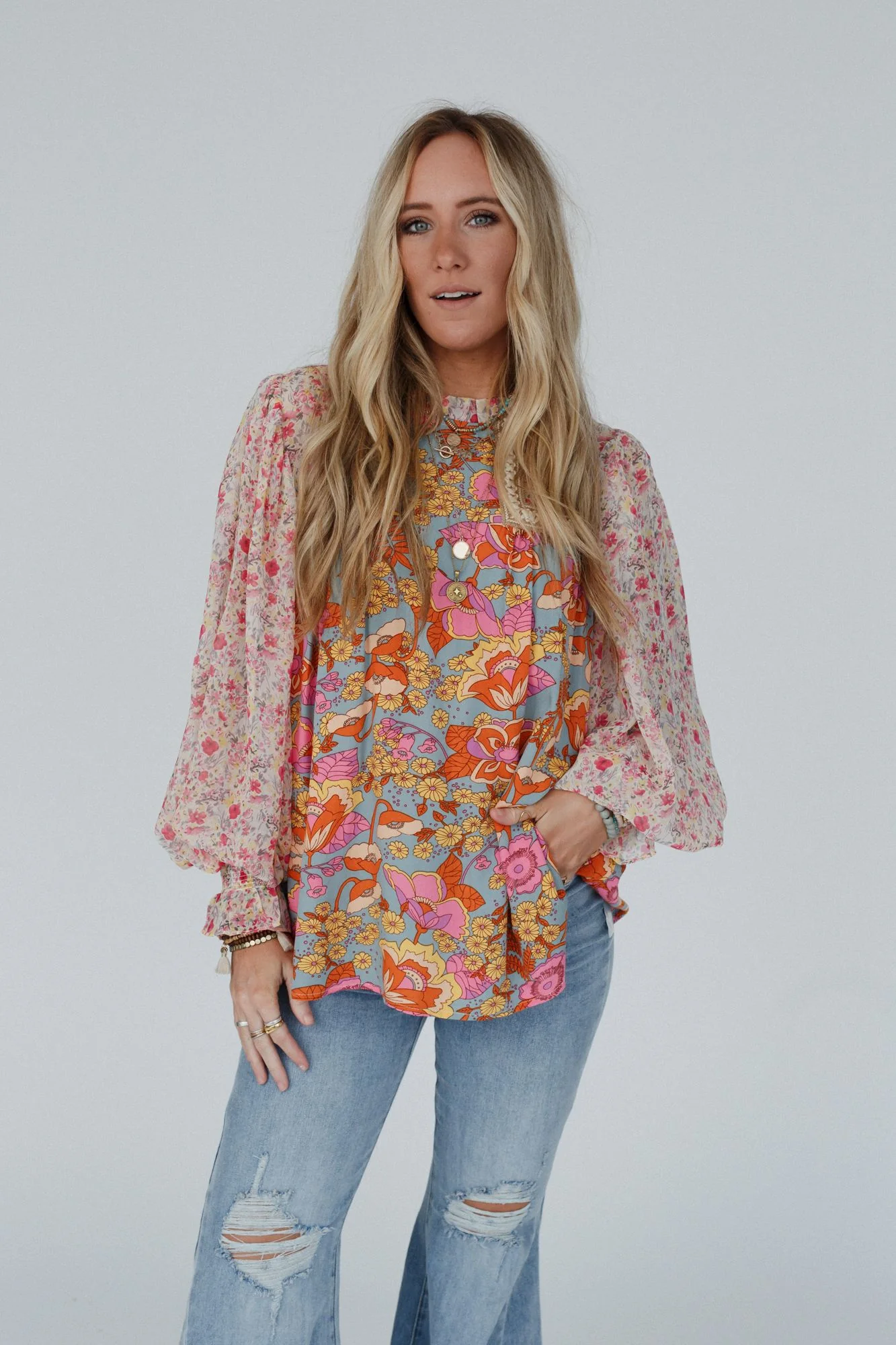 Flower Frenzy Bubble Sleeve Top - Sage Multi - Image 4