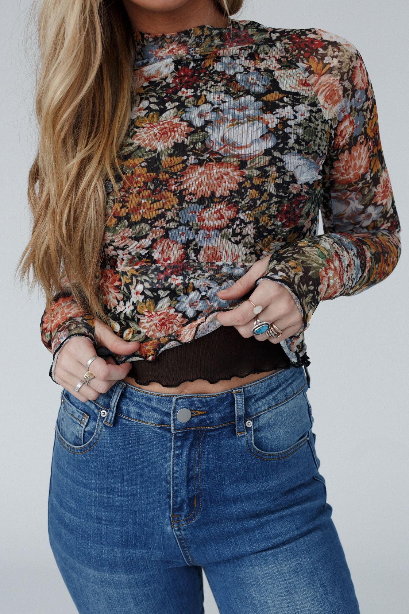 Flower Garden Mesh Long Sleeve Top - Black - Image 5