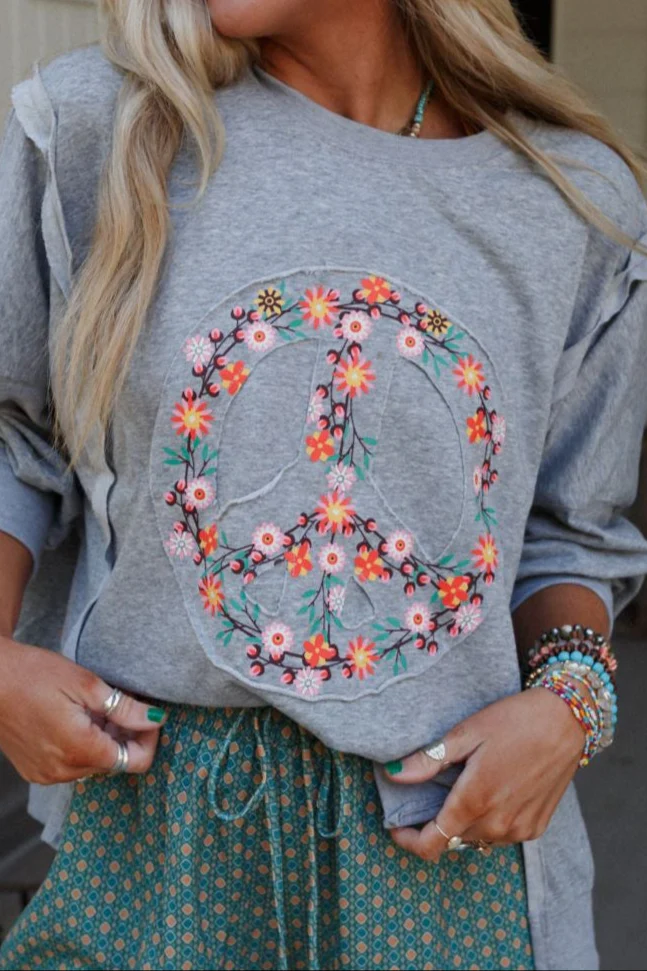 Ford Floral Peace Patch Top - Heather Gray - Image 3