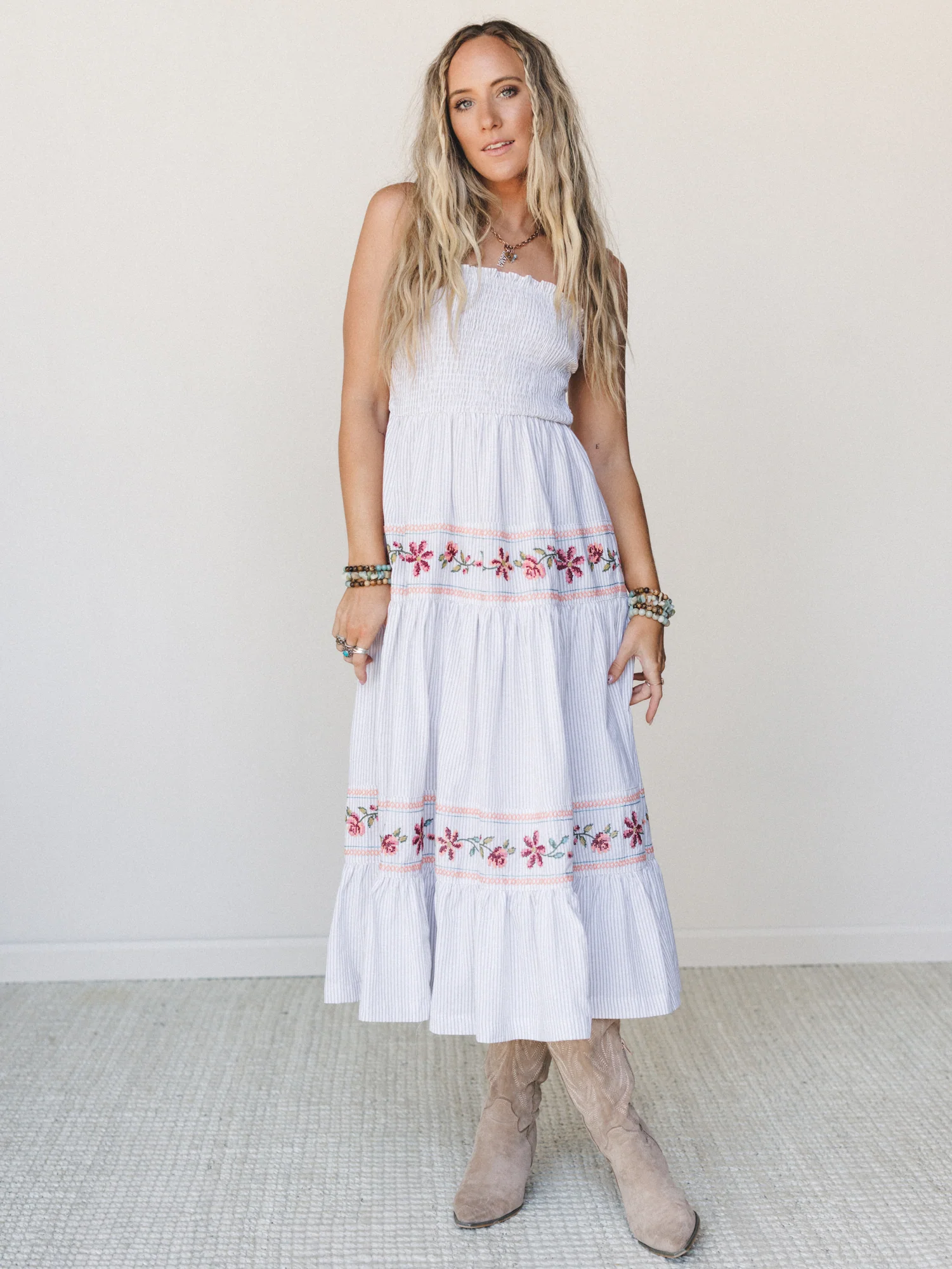 Garden Nomad Embroidered Dress - Off White Taupe - Image 2