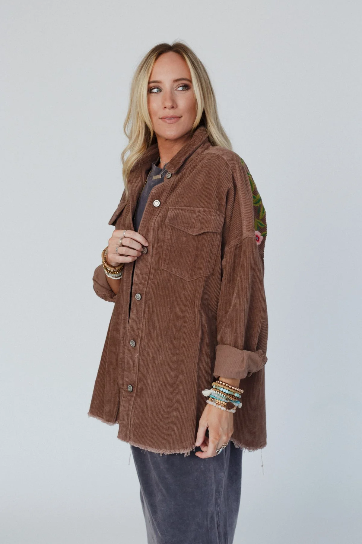 Gardener Embroidered Button Down Top - Mocha - Image 4