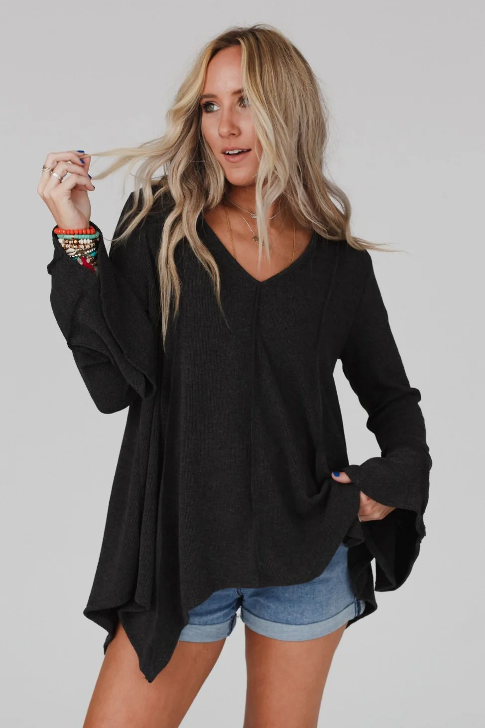 Golden Hour Long Bell Sleeve Top - Charcoal - Pre Order - Image 2