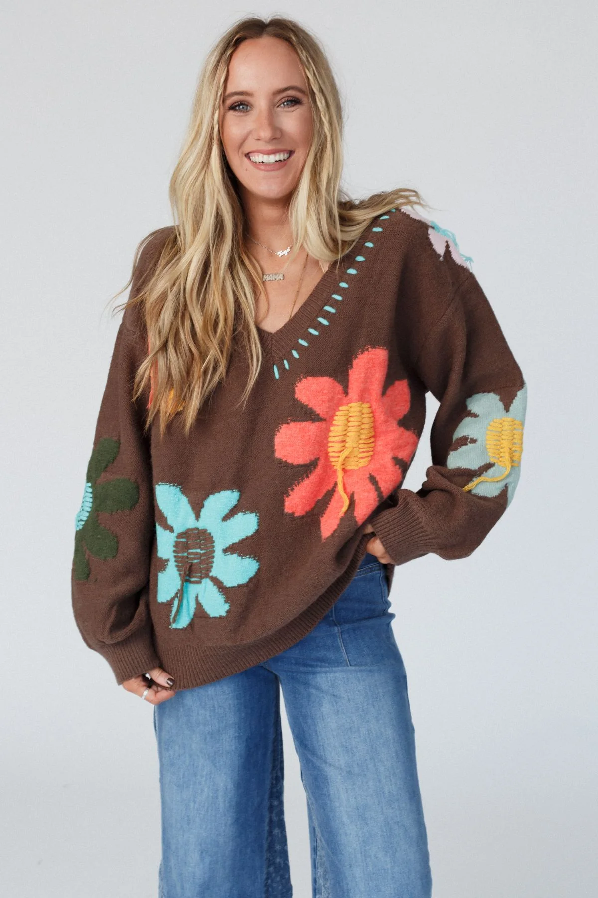 Good Mood Flower Print Sweater - Chocolate - Image 3