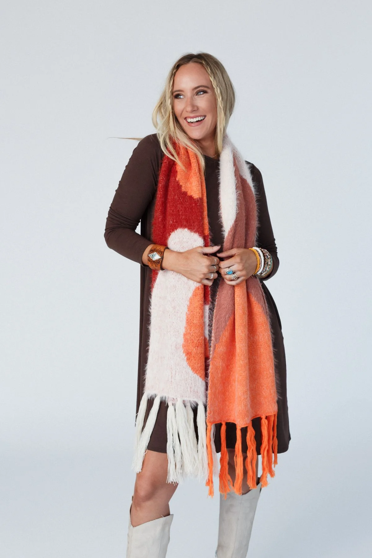 Groovy Swirl Tassel Scarf - Rust - Image 2