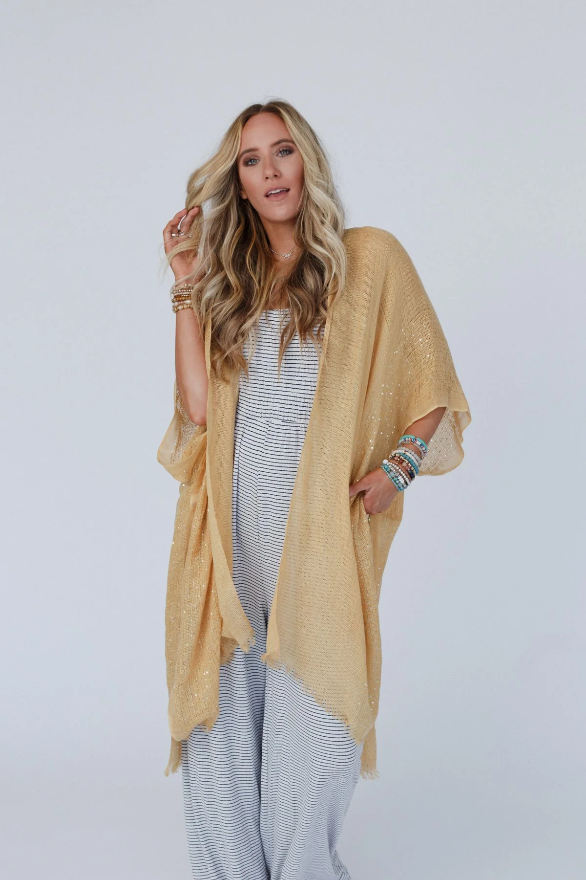 Mikka Sequin Frayed Trim Kimono - Mustard - Image 2