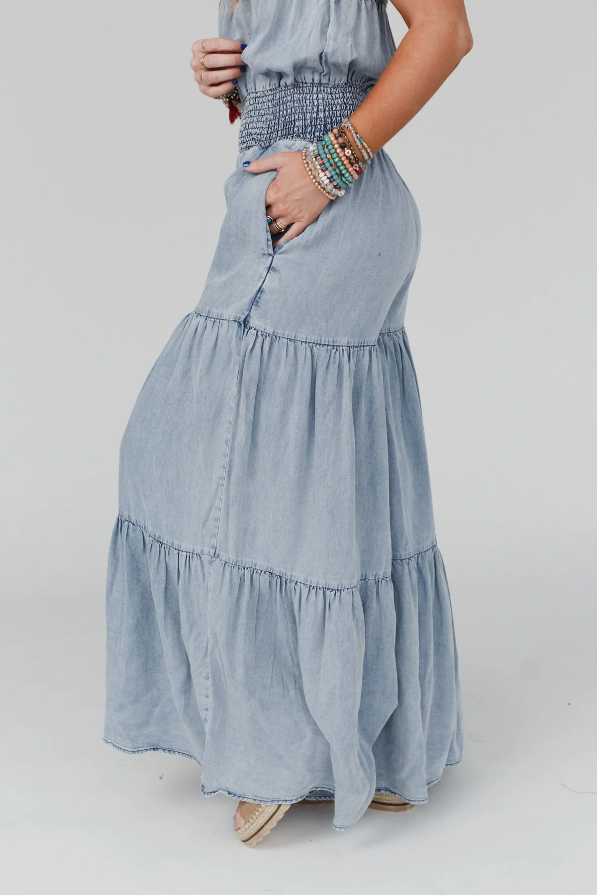 Harlow Wide Leg Chambray Jumpsuit - Blue - Image 10