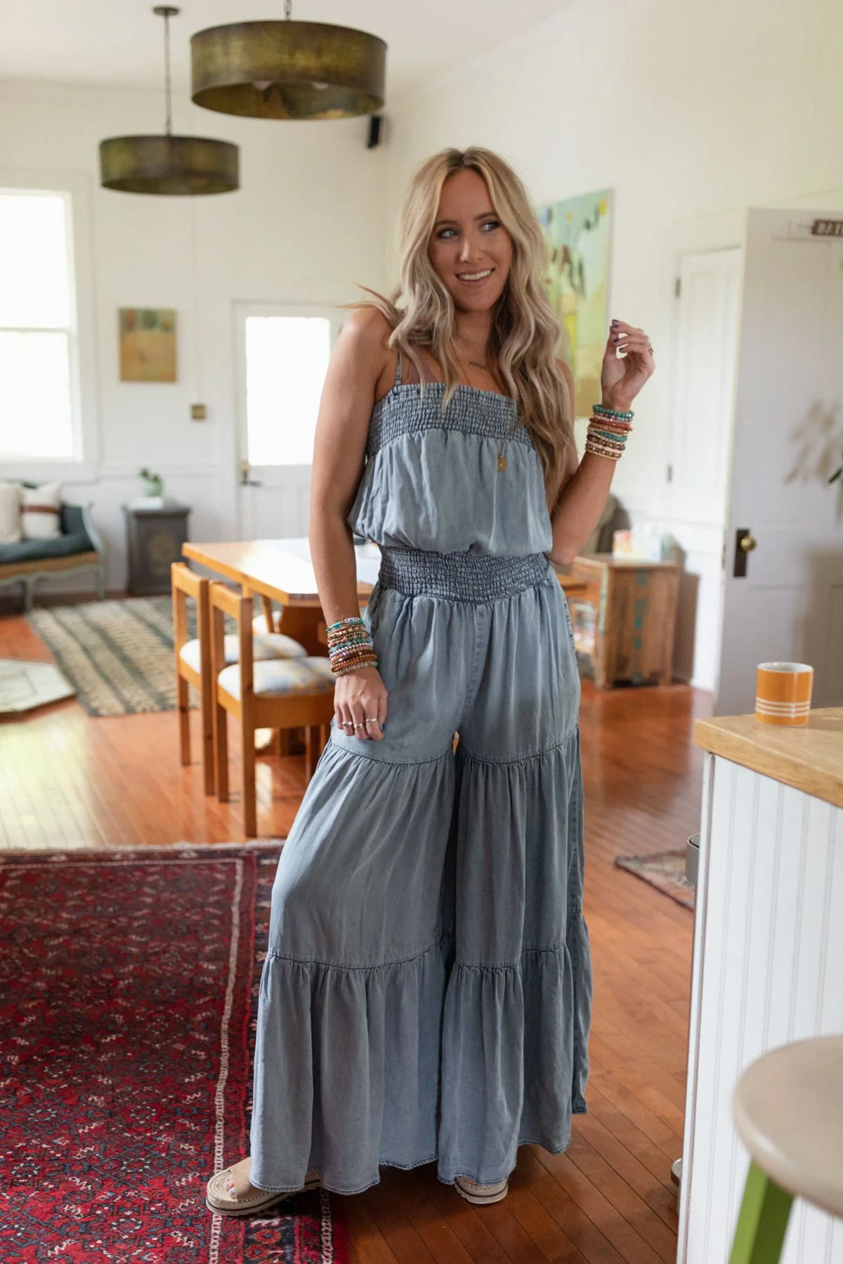 Harlow Wide Leg Chambray Jumpsuit - Blue - Image 5