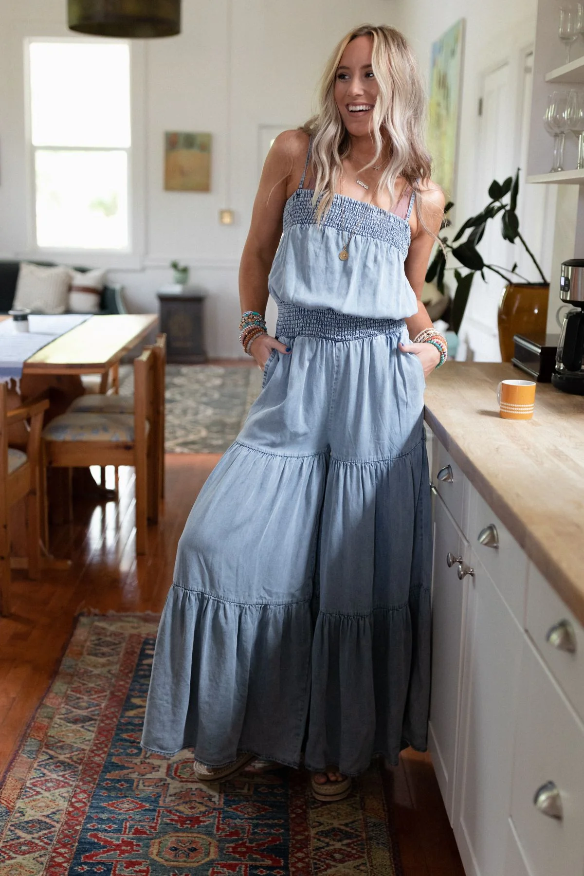 Harlow Wide Leg Chambray Jumpsuit - Blue - Image 7