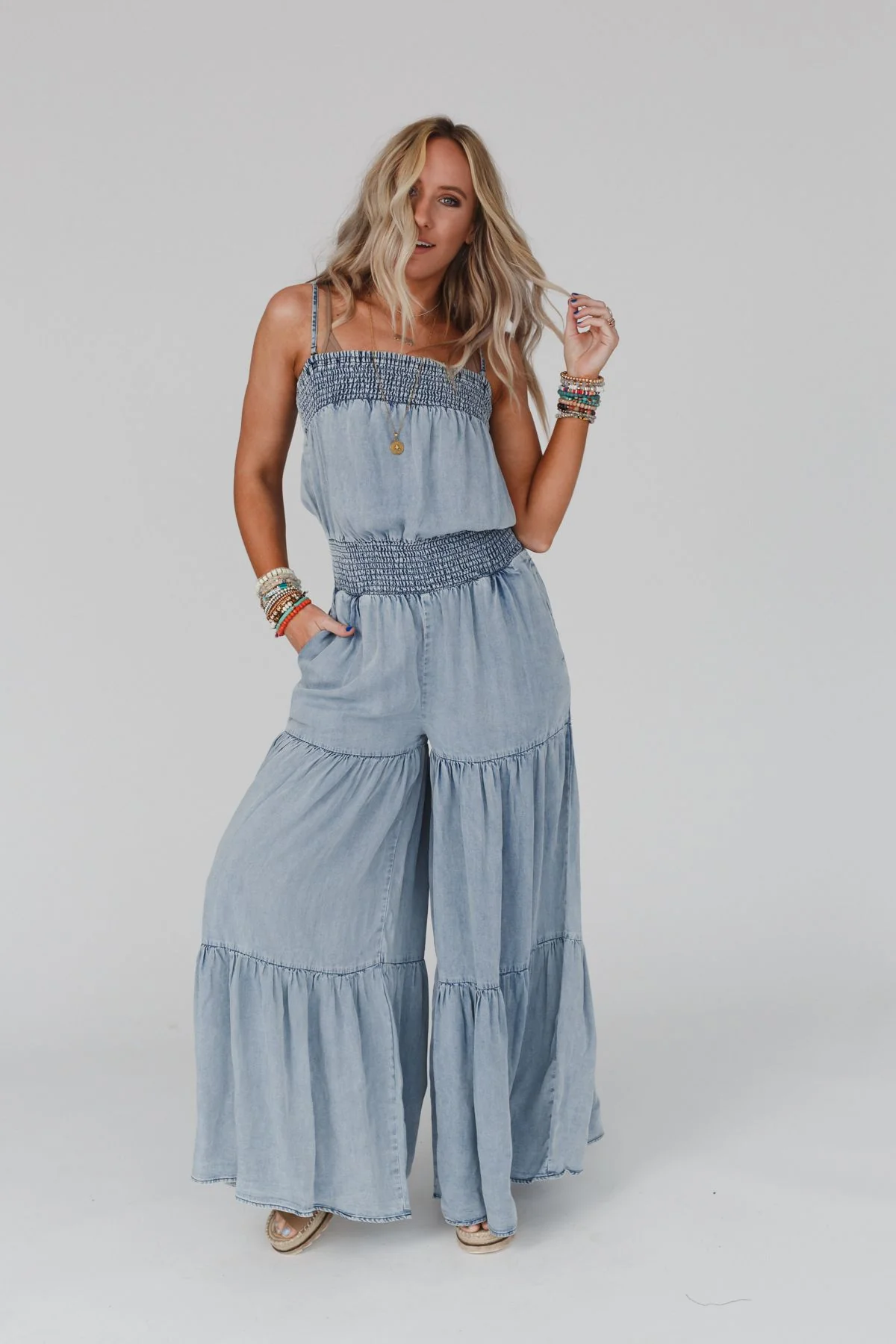 Harlow Wide Leg Chambray Jumpsuit - Blue - Image 9