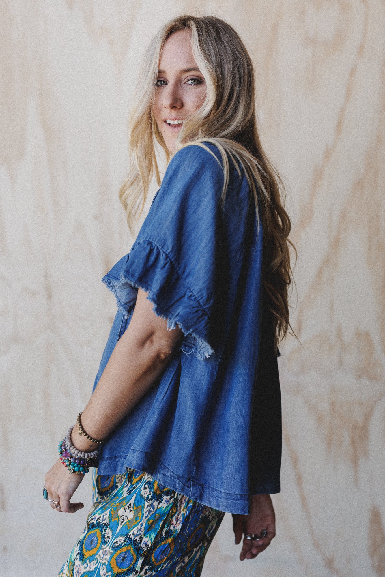 Hearts Aligned Ruffled Sleeve Top - Dark Denim - Image 2