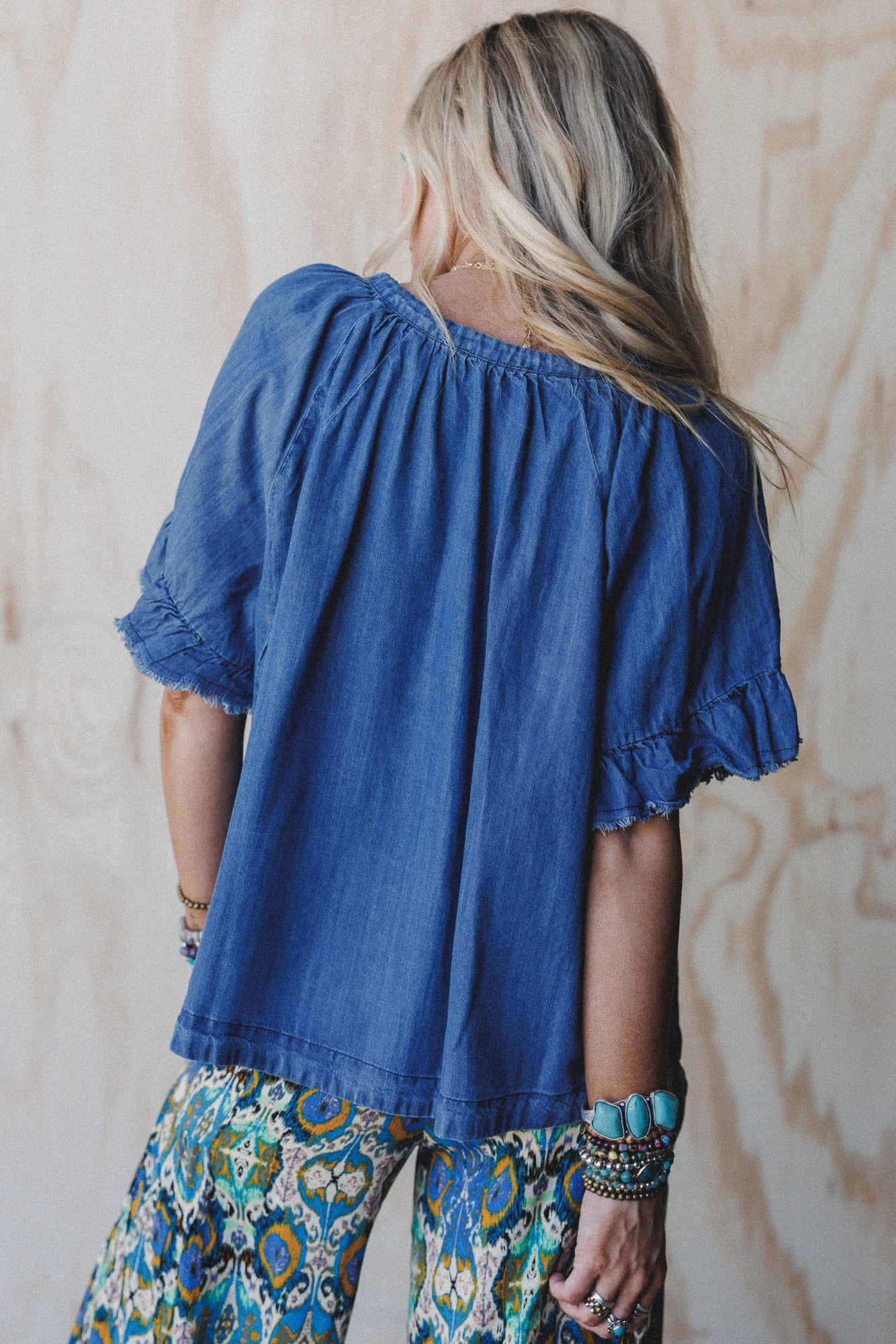 Hearts Aligned Ruffled Sleeve Top - Dark Denim - Image 3