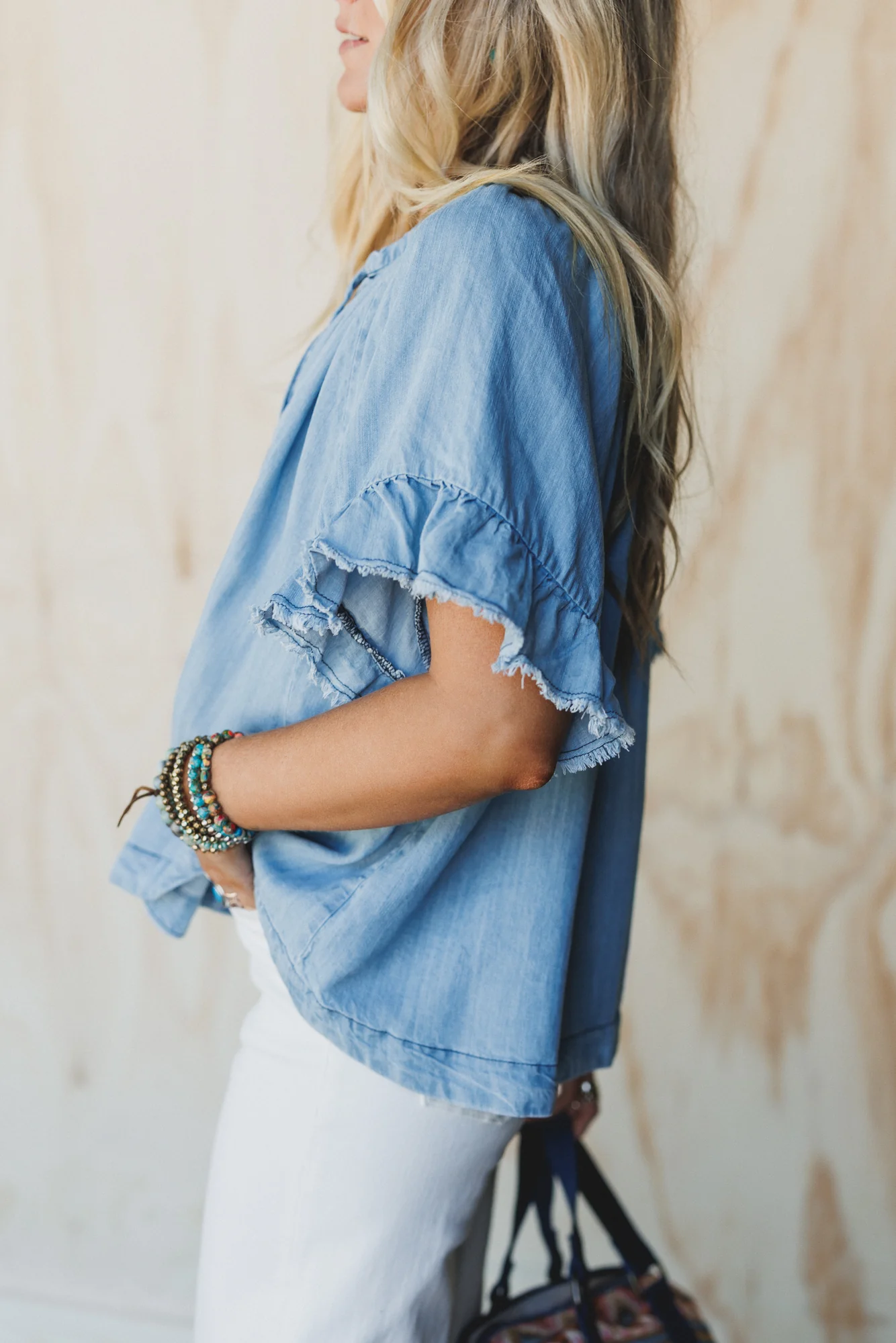 Hearts Aligned Ruffled Sleeve Top - Light Denim - Image 2