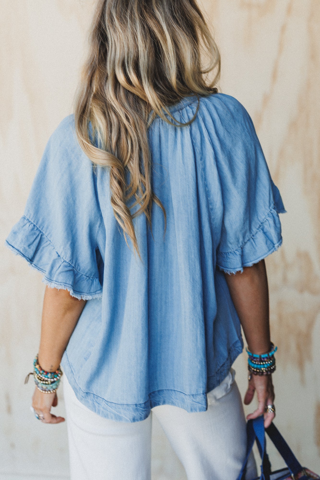 Hearts Aligned Ruffled Sleeve Top - Light Denim - Image 4