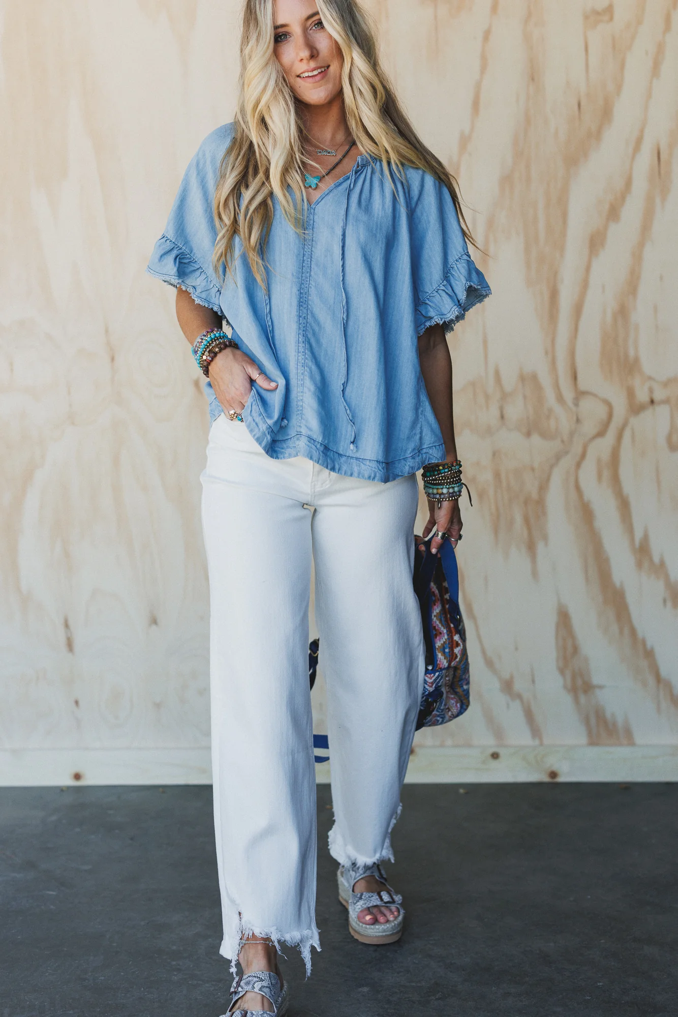 Hearts Aligned Ruffled Sleeve Top - Light Denim - Image 5