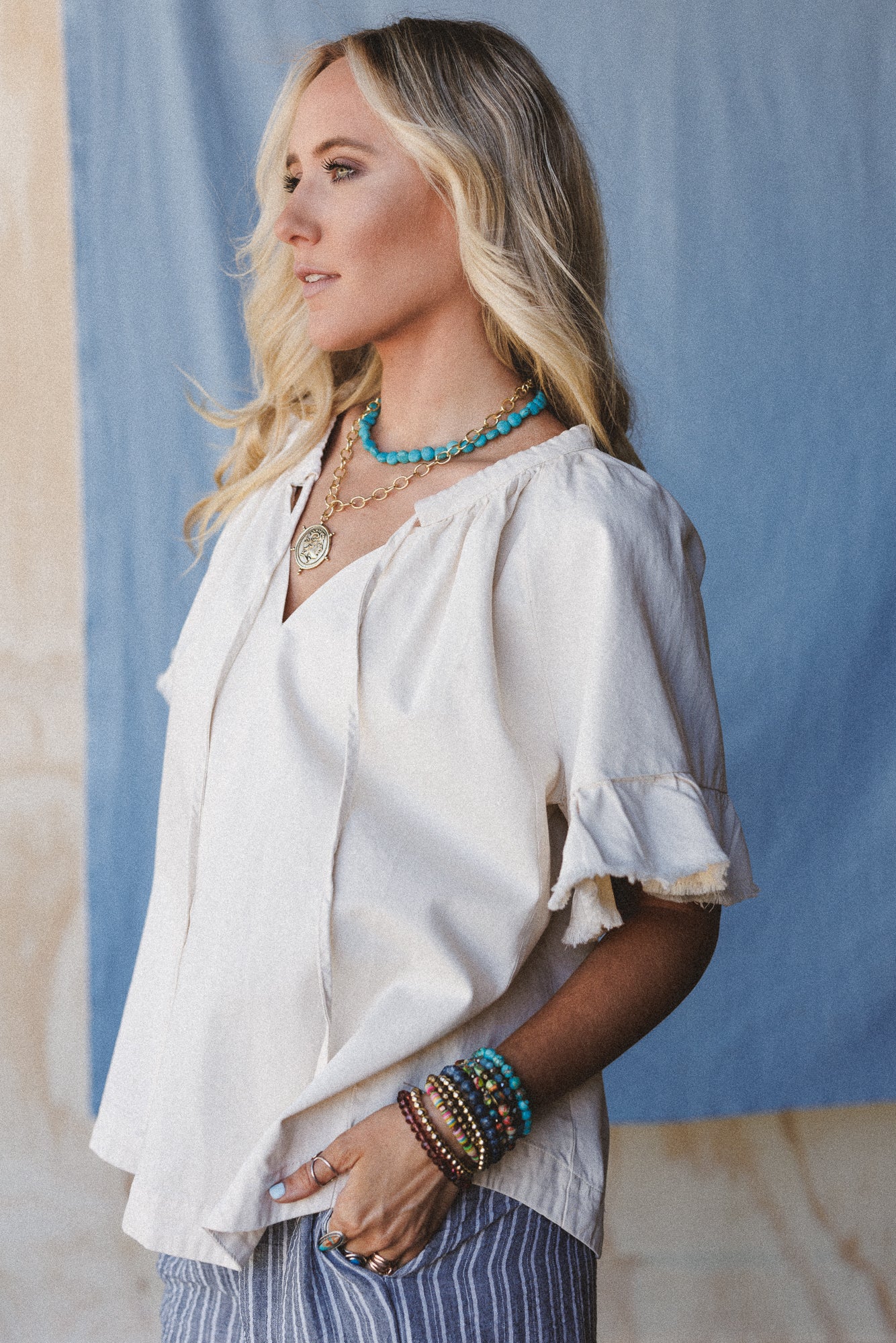 Hearts Aligned Ruffled Sleeve Top - Natural - Image 2