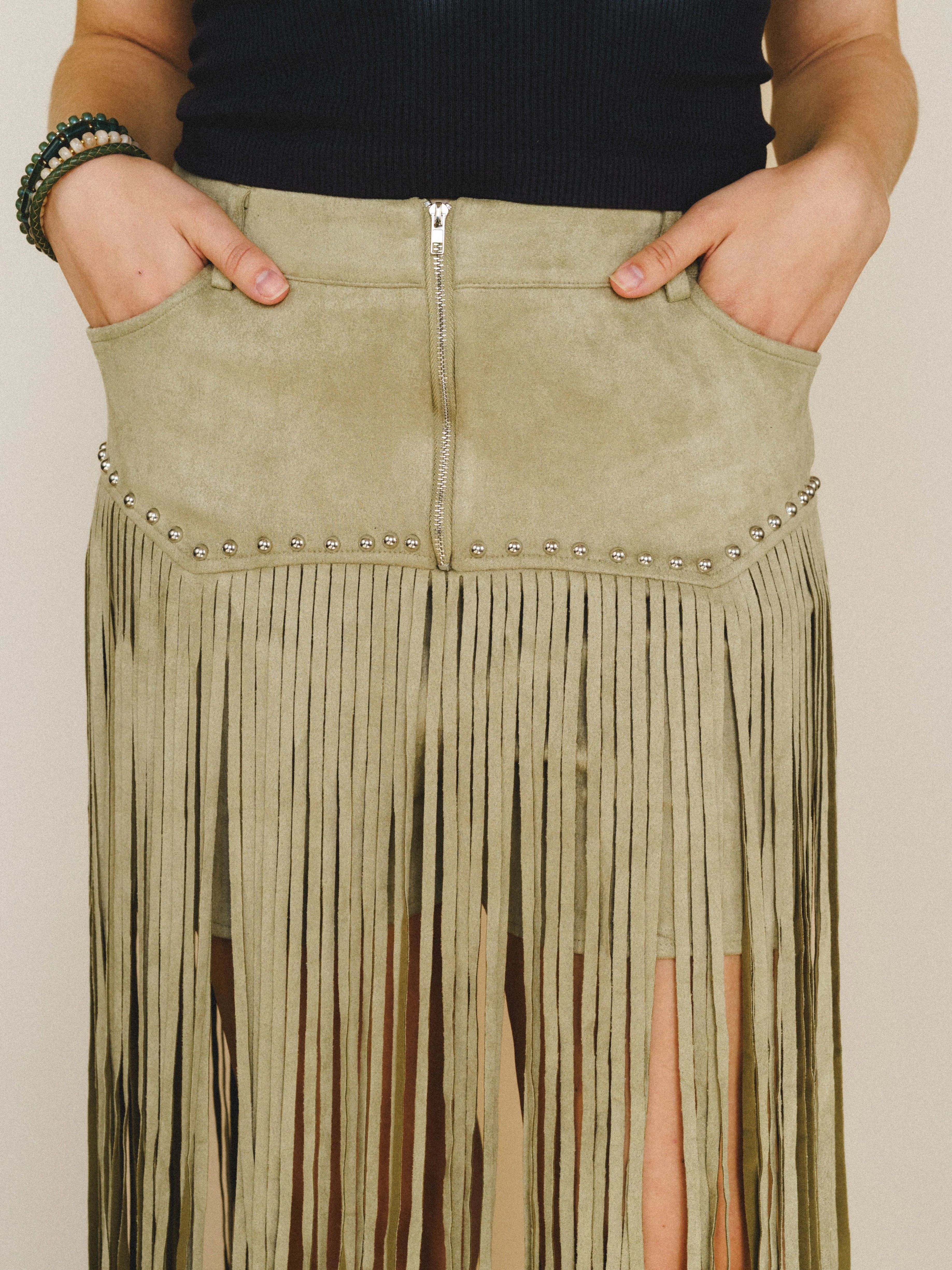 Here for a Good Time Fringe Shorts - Light Olive - Image 3