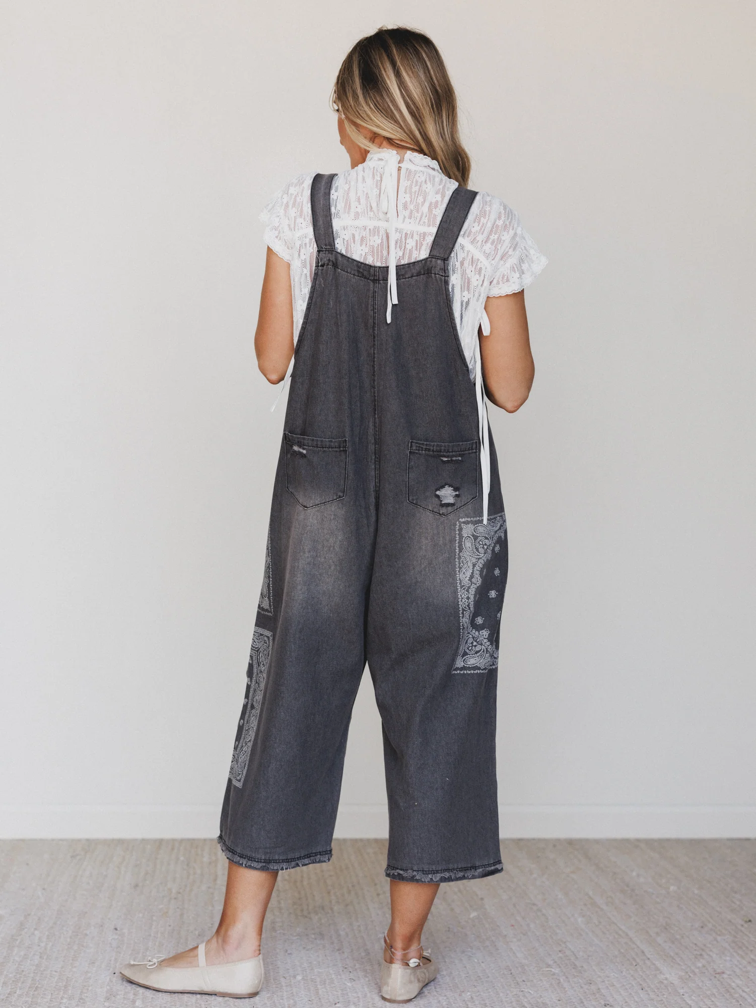 High Hopes Slouchy Denim Overalls - Black Bandana - Image 5