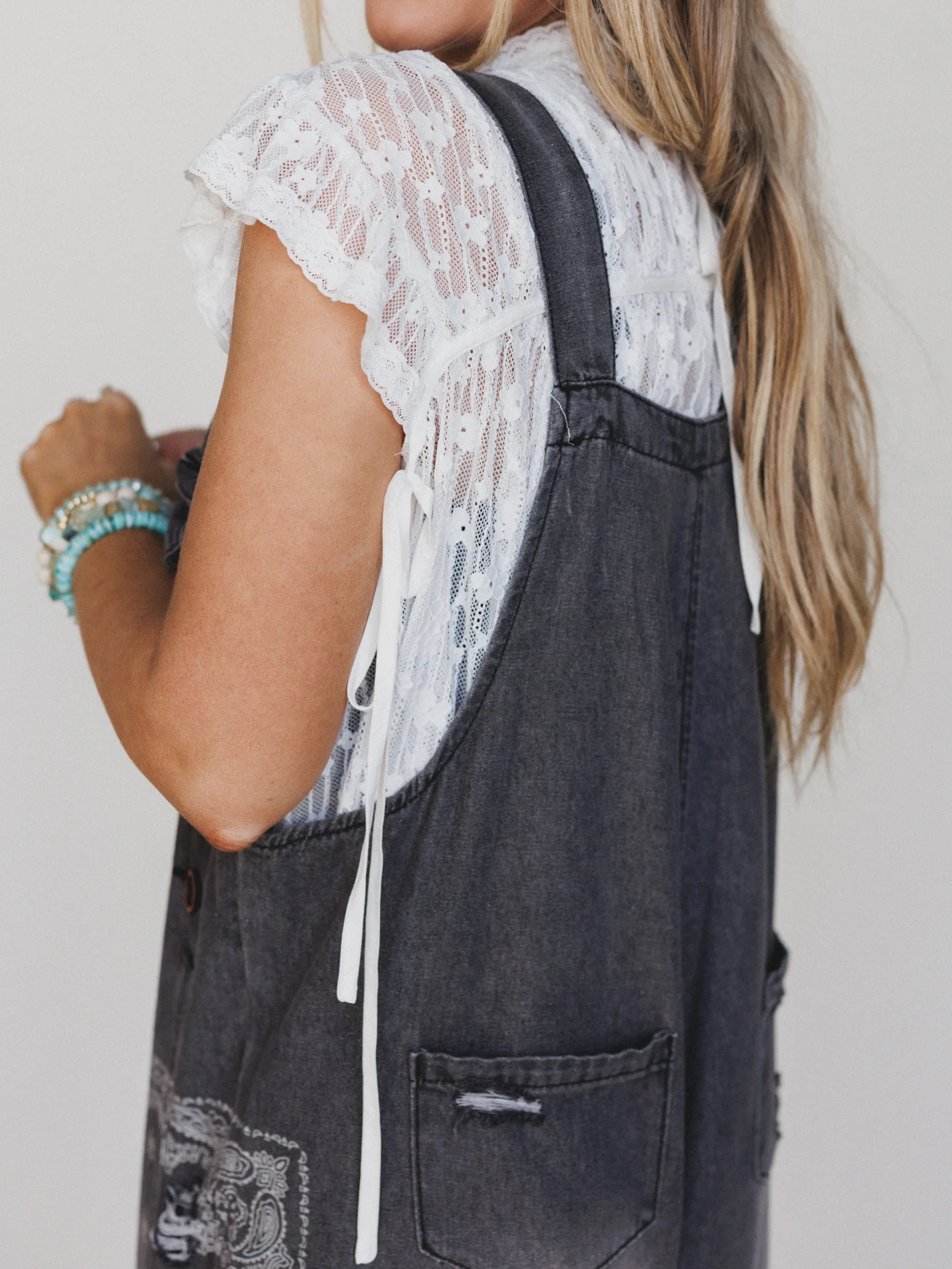 High Hopes Slouchy Denim Overalls - Black Bandana - Image 6