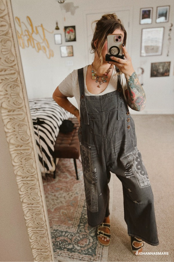High Hopes Slouchy Denim Overalls - Black Bandana - Image 7
