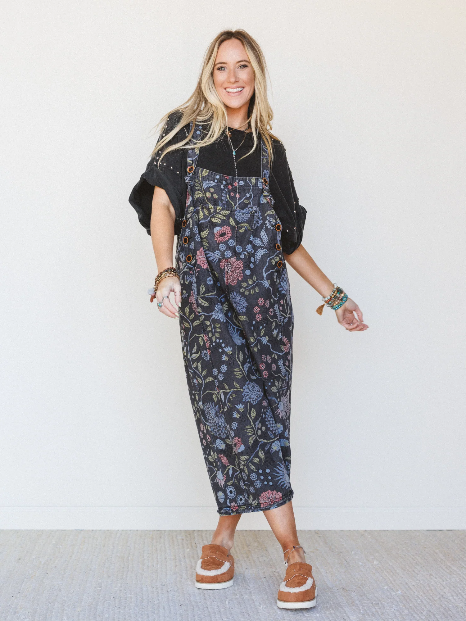 High Hopes Slouchy Denim Overalls - Floral Black Denim - Image 5
