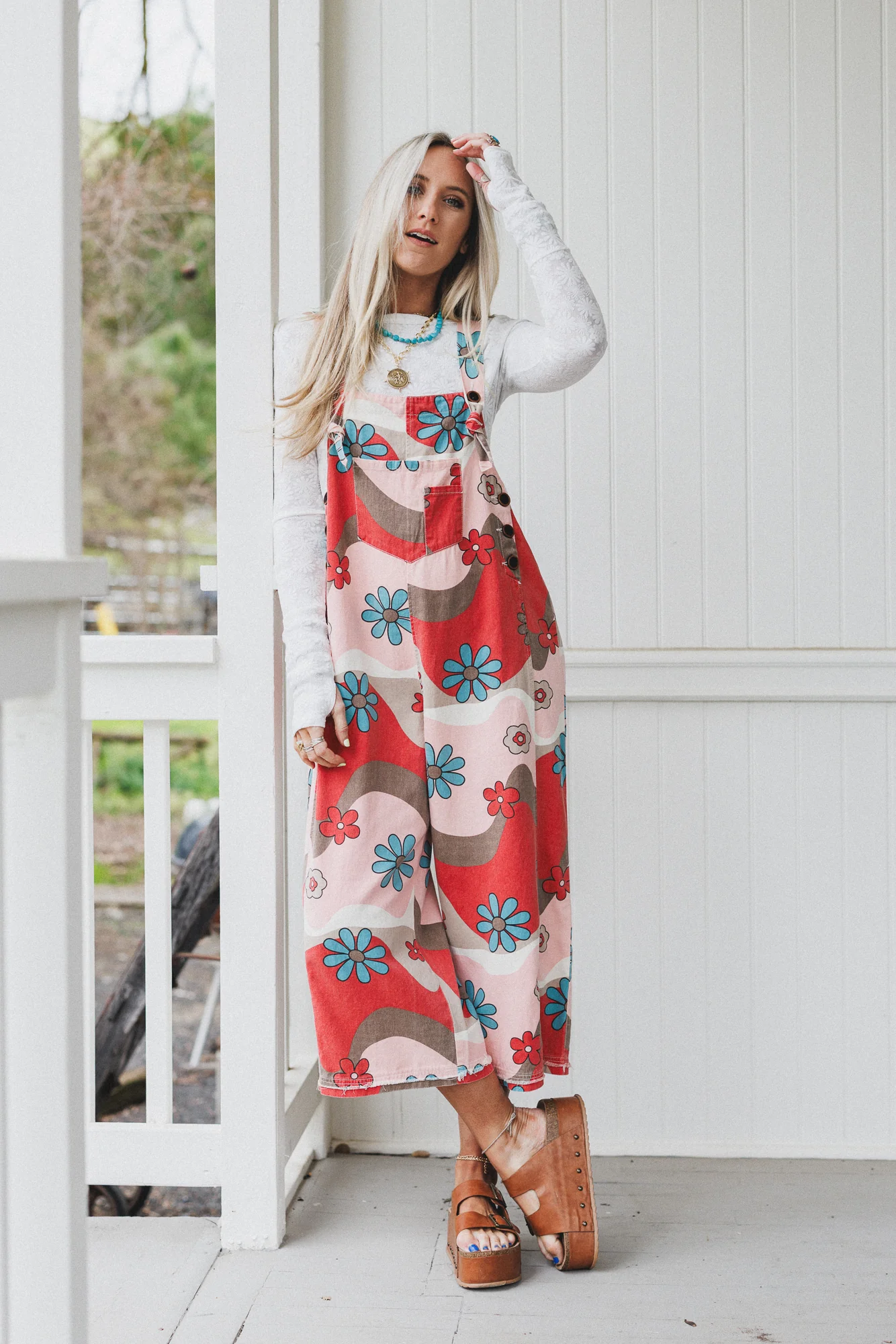 High Hopes Slouchy Denim Overalls - Mocha Flower - Image 2