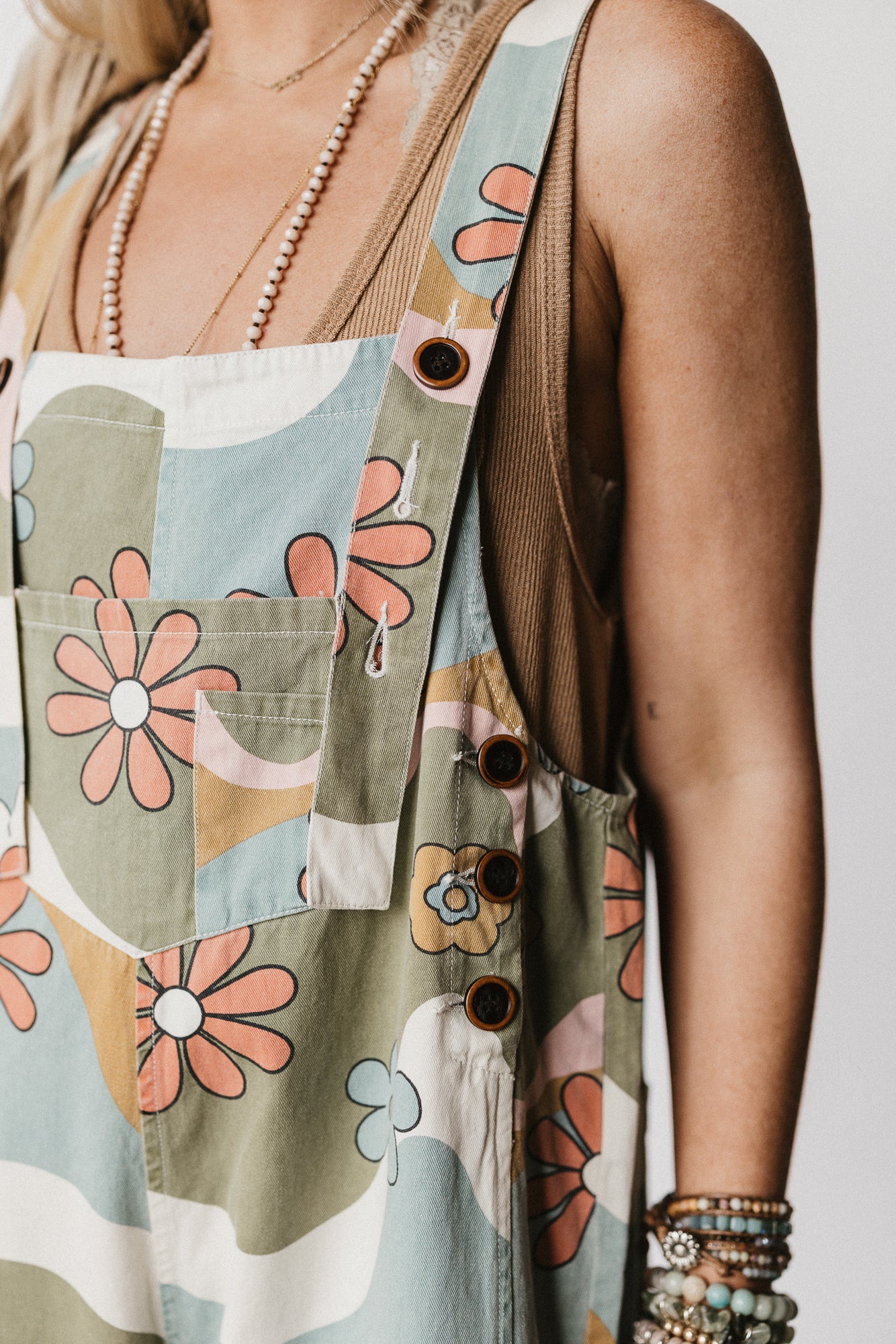 High Hopes Slouchy Denim Overalls - Olive Flower - Pre Order - Image 2
