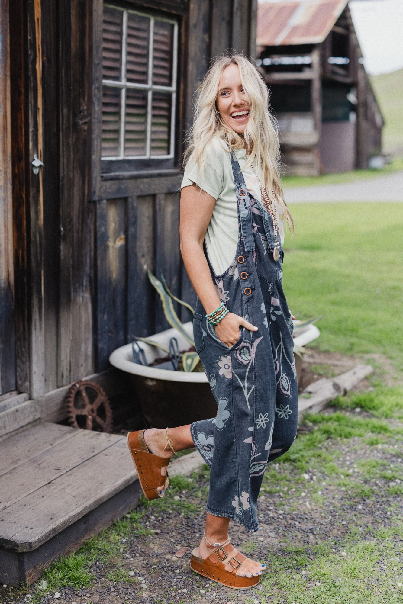 High Hopes Slouchy Pocket Denim Overalls - Black Artsy Floral - Image 6