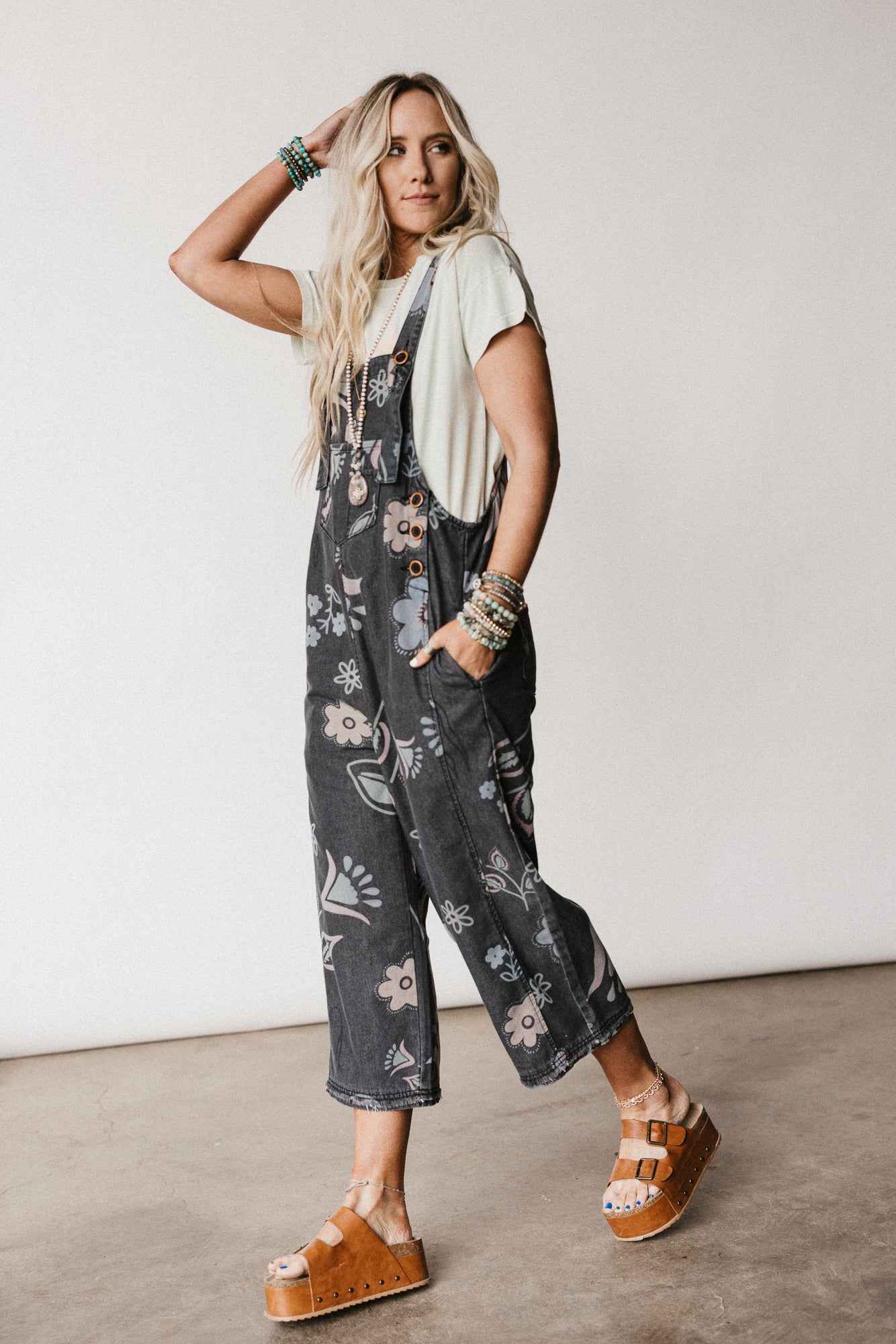 High Hopes Slouchy Pocket Denim Overalls - Black Artsy Floral - Pre Order