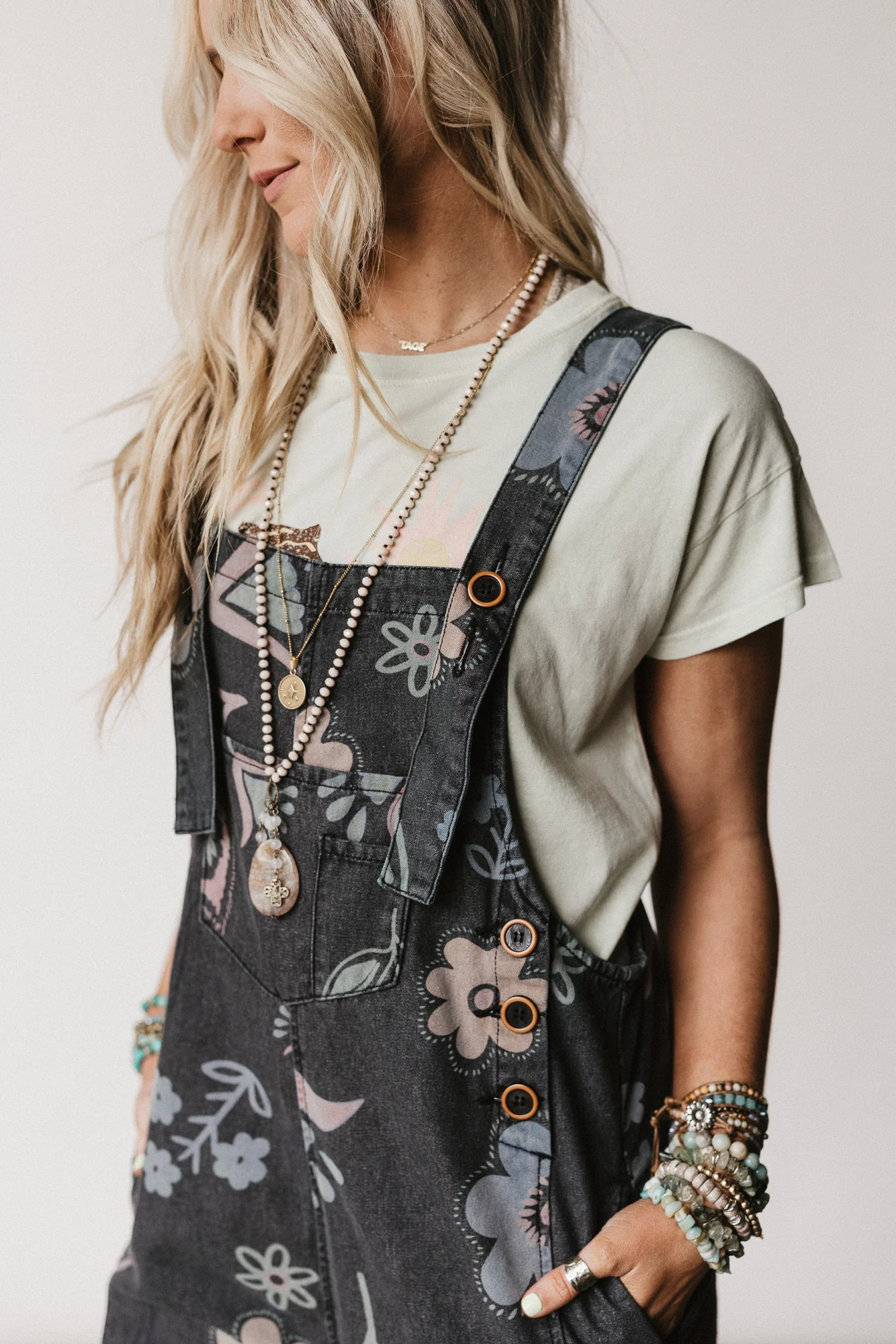 High Hopes Slouchy Pocket Denim Overalls - Black Artsy Floral - Pre Order - Image 2