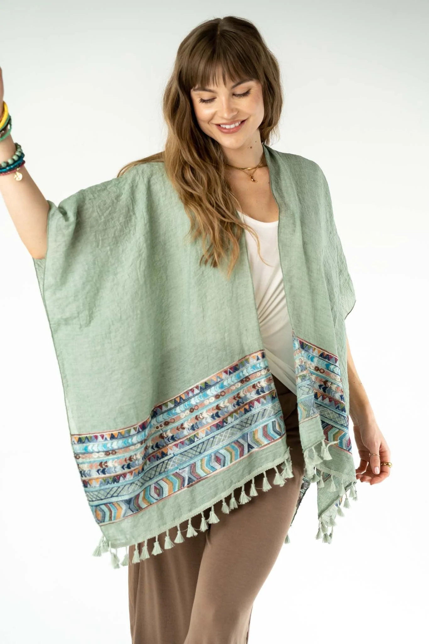 Fallon Embroidered Sleeve Kimono - Sage - Image 2