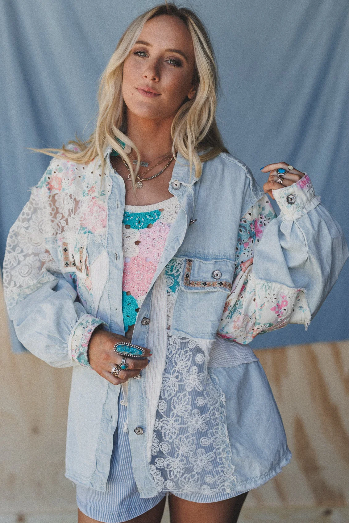 Hopeless Romantic Floral Lace Denim Jacket - Denim - Pre Order - Image 2