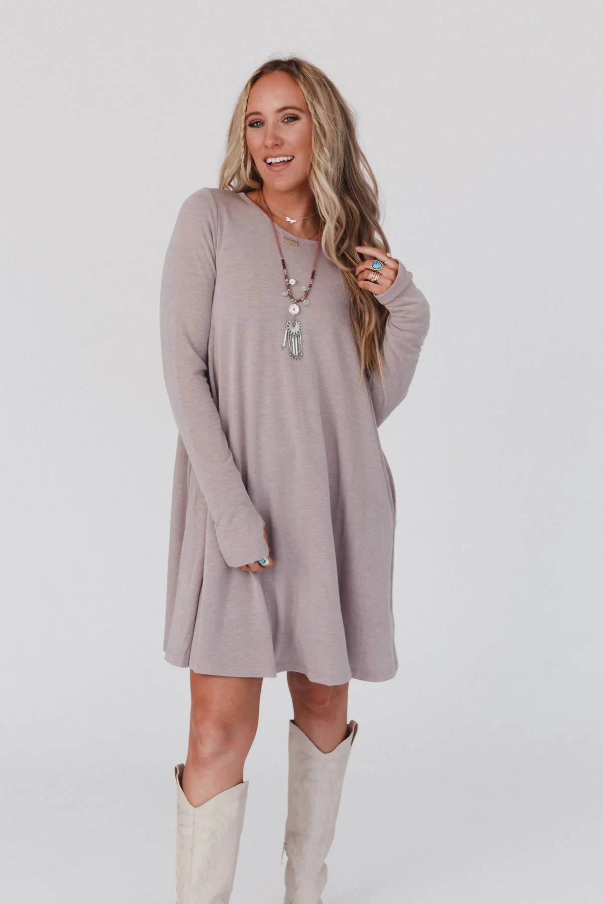 The Nest Jake Long Sleeve Crewneck Dress - Mocha Latte - Image 2