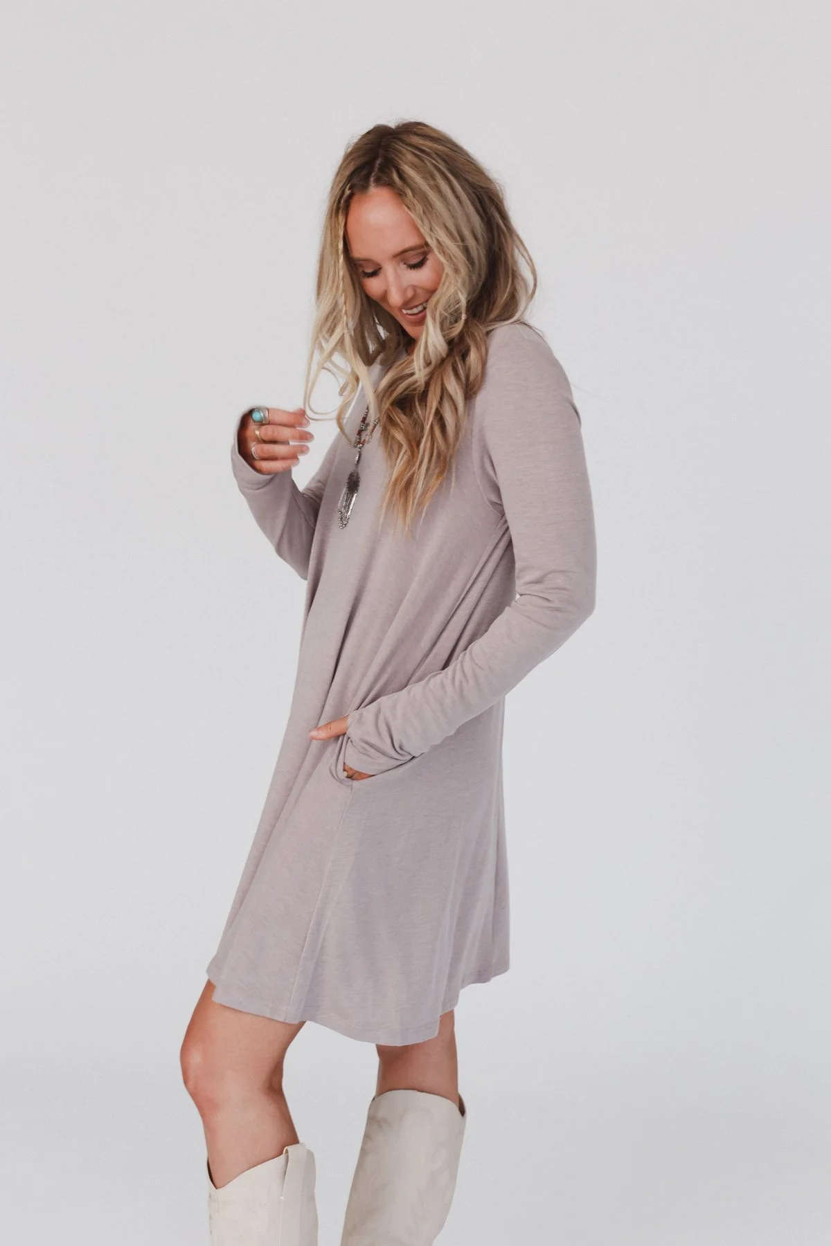 The Nest Jake Long Sleeve Crewneck Dress - Mocha Latte - Image 3