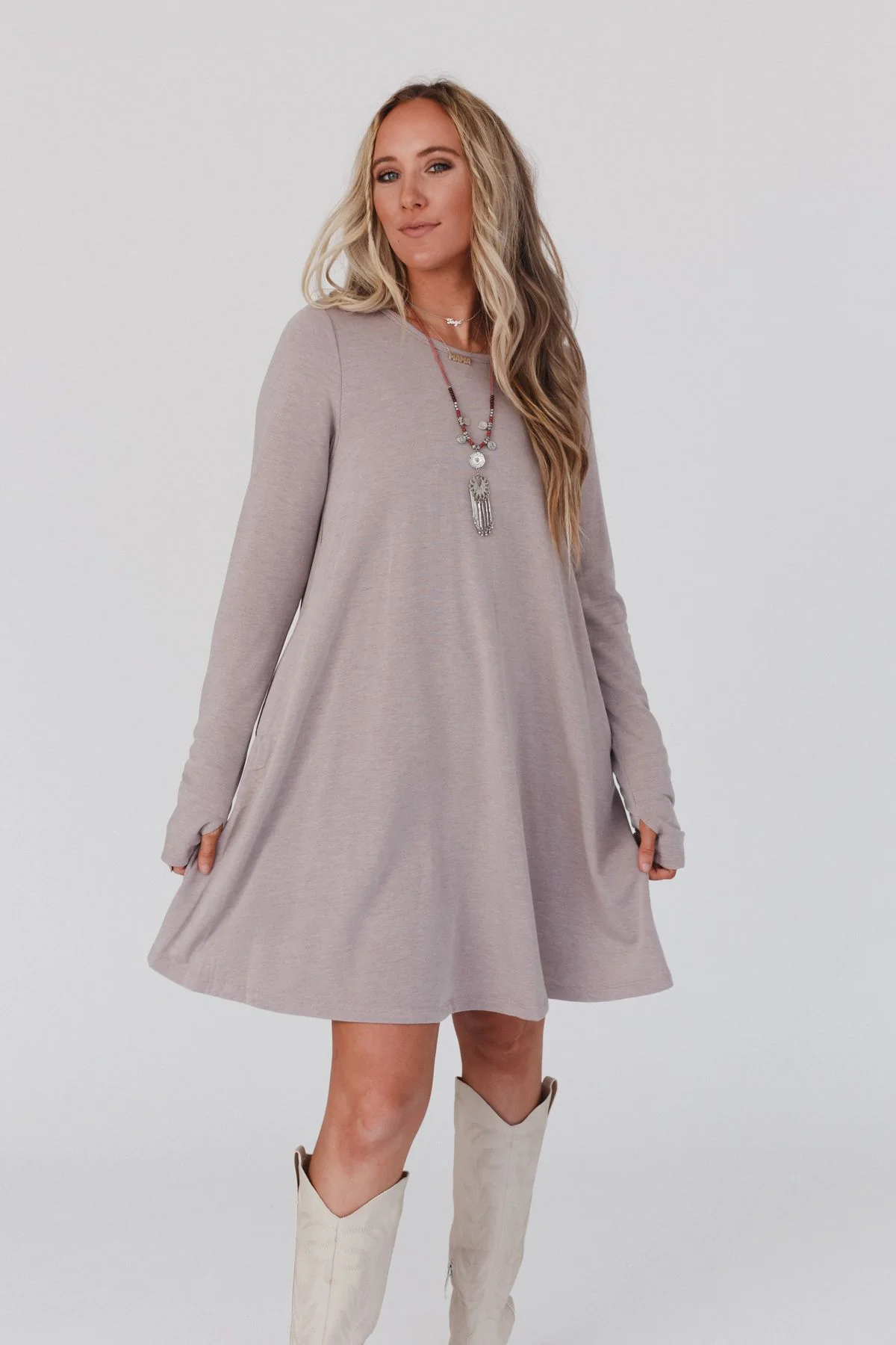 The Nest Jake Long Sleeve Crewneck Dress - Mocha Latte - Image 6