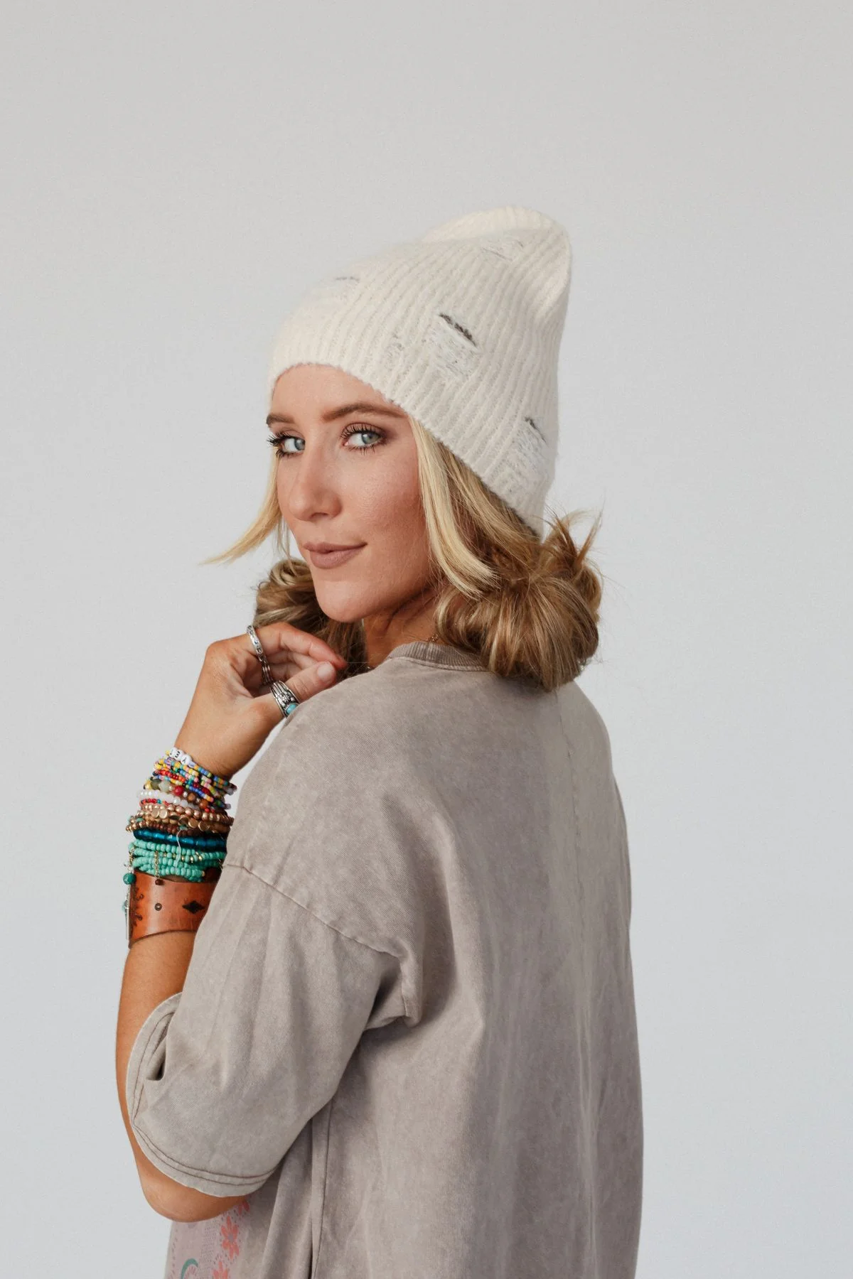 Jenice Distressed Beanie - Ivory - Image 6