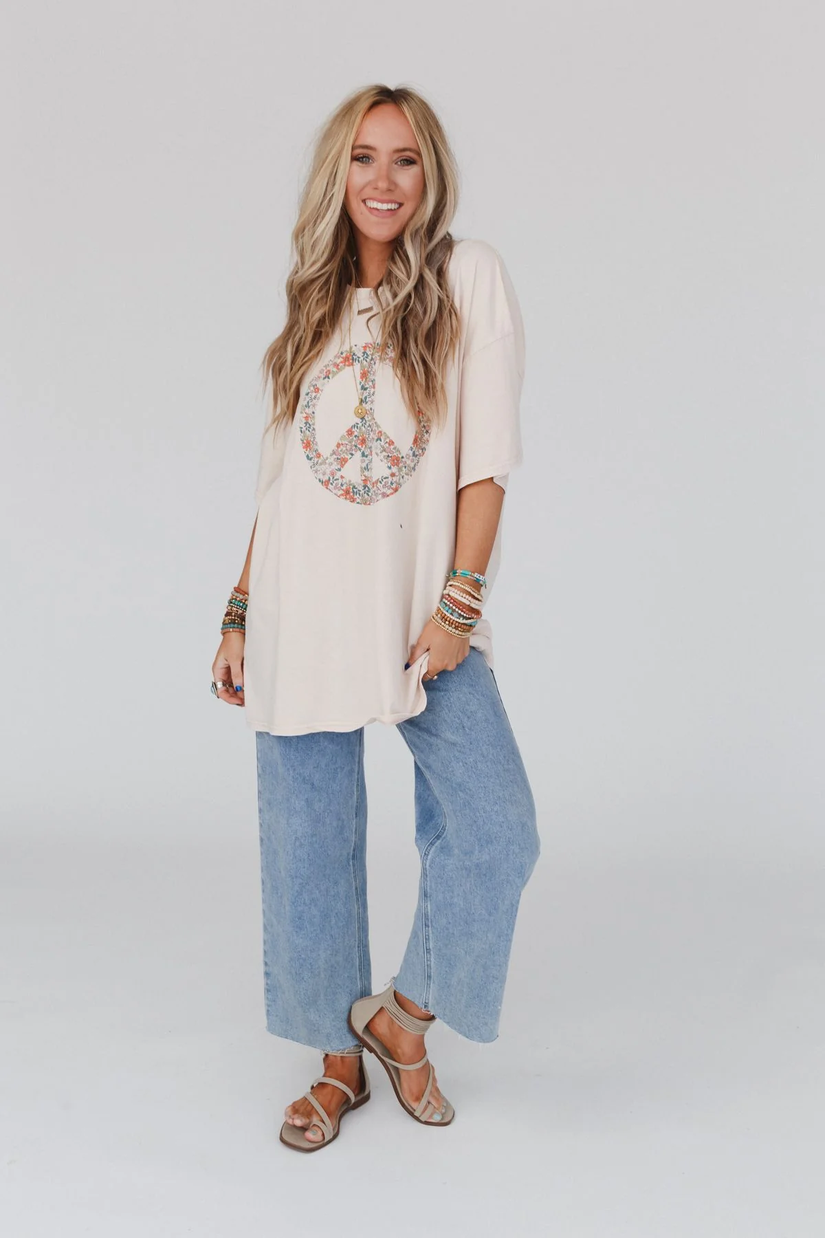 Jude Oversized Peace Sign Graphic Tee - Oatmeal - Image 3