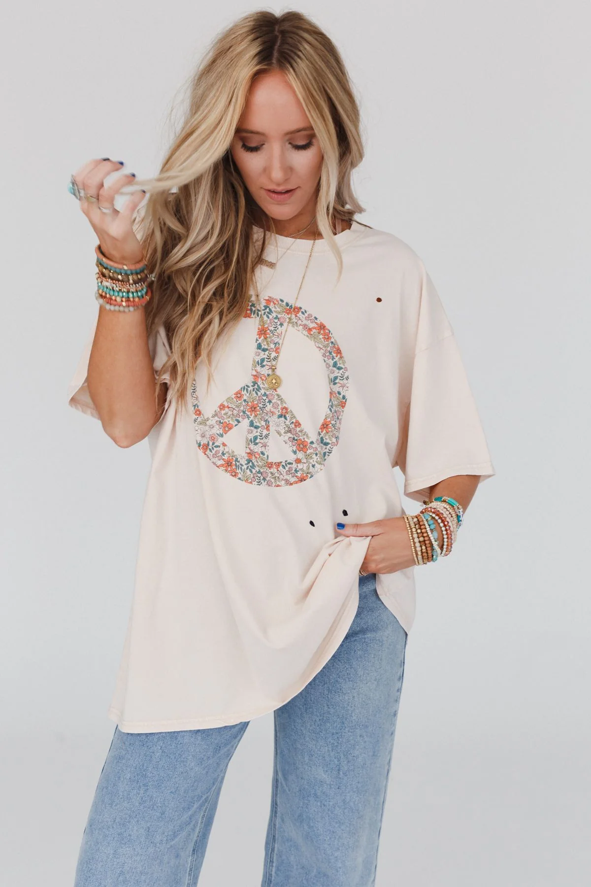 Jude Oversized Peace Sign Graphic Tee - Oatmeal - Image 5