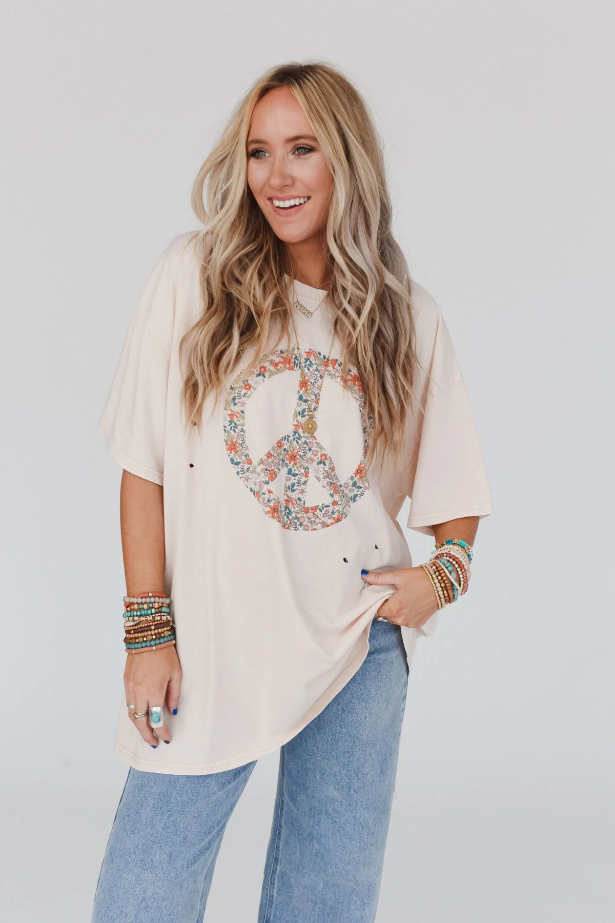 Jude Oversized Peace Sign Graphic Tee - Oatmeal - Image 6