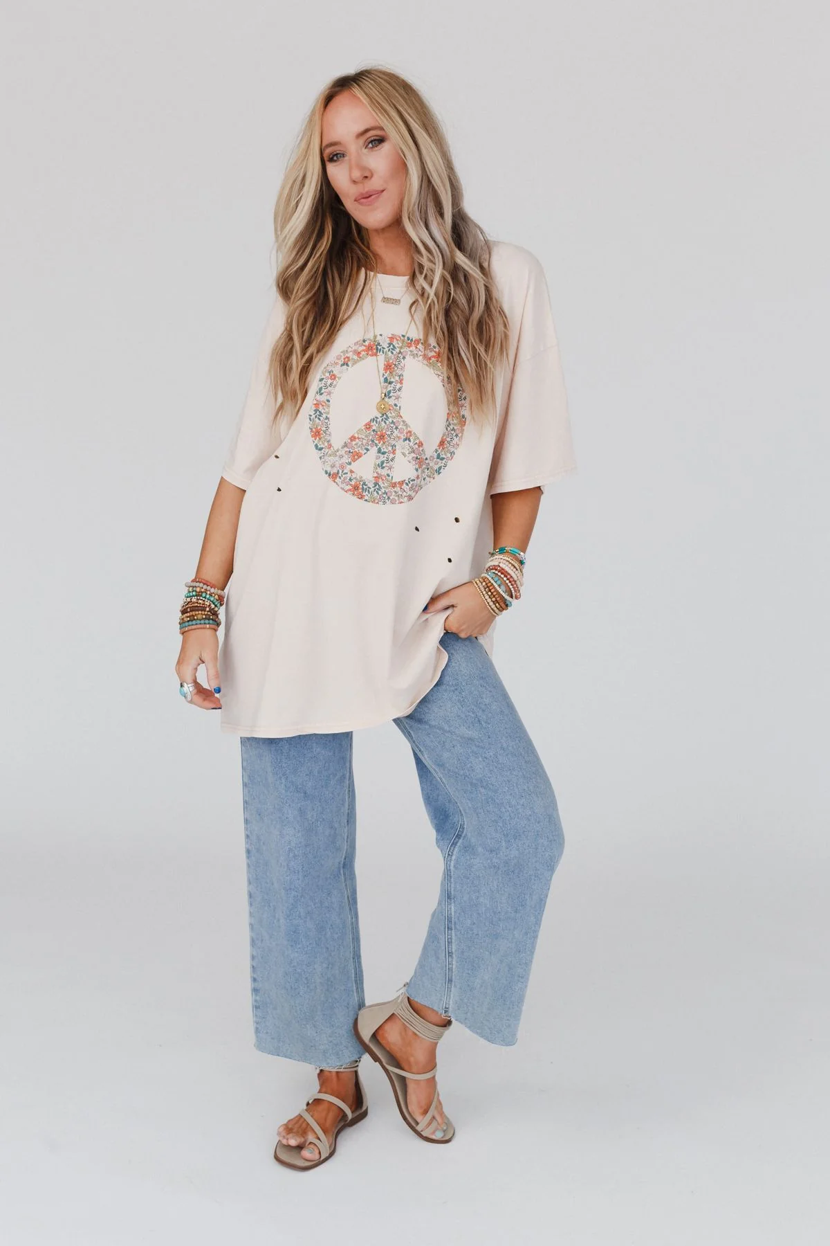 Jude Oversized Peace Sign Graphic Tee - Oatmeal - Image 7